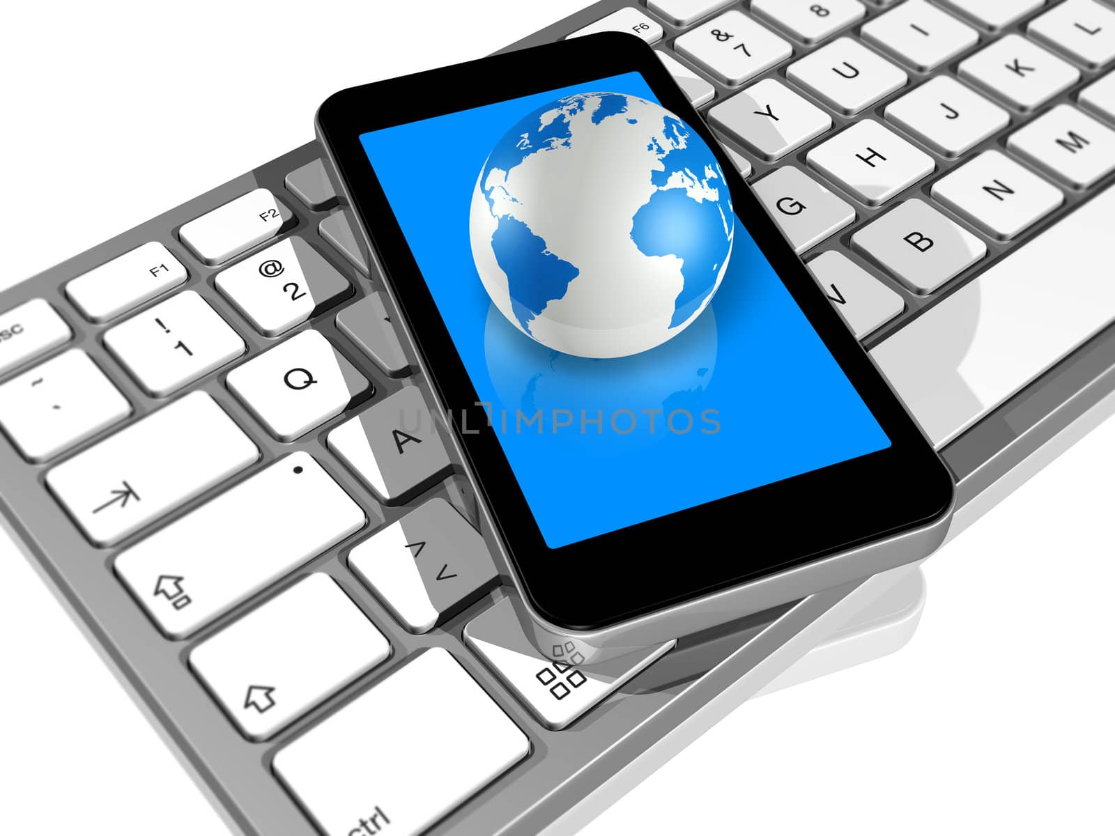 3D render of world globe on a mobile phone on a computer keyboard