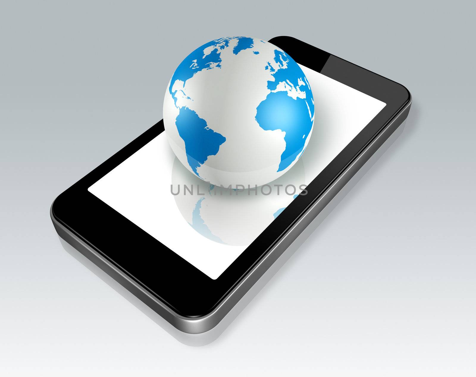 three dimensional mobile phone and world globe isolated on gray whith clipping path