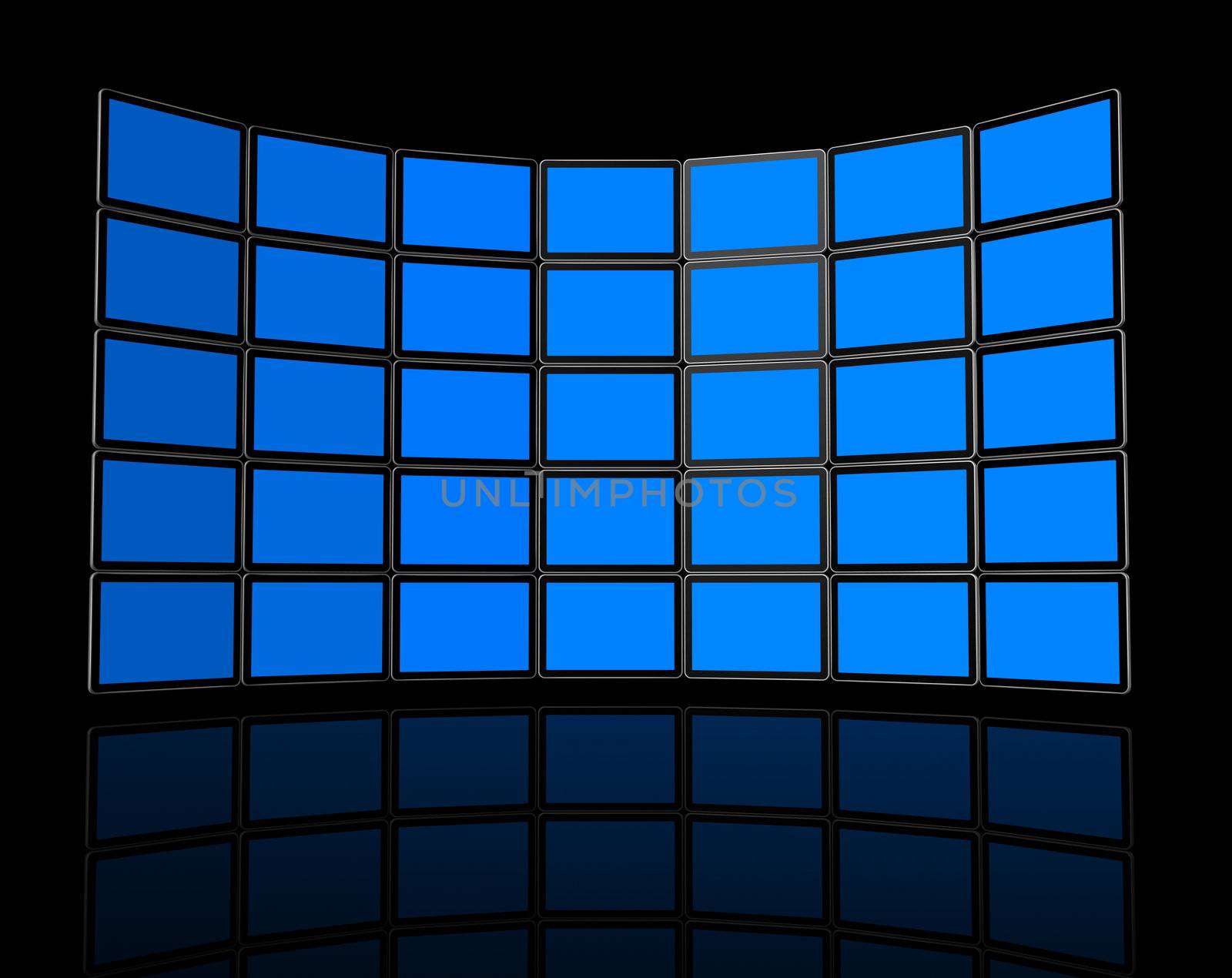 3D Wall of flat tv screens, isolated on black. With 2 clipping paths : global scene clipping path and screens clipping path to place your designs or pictures