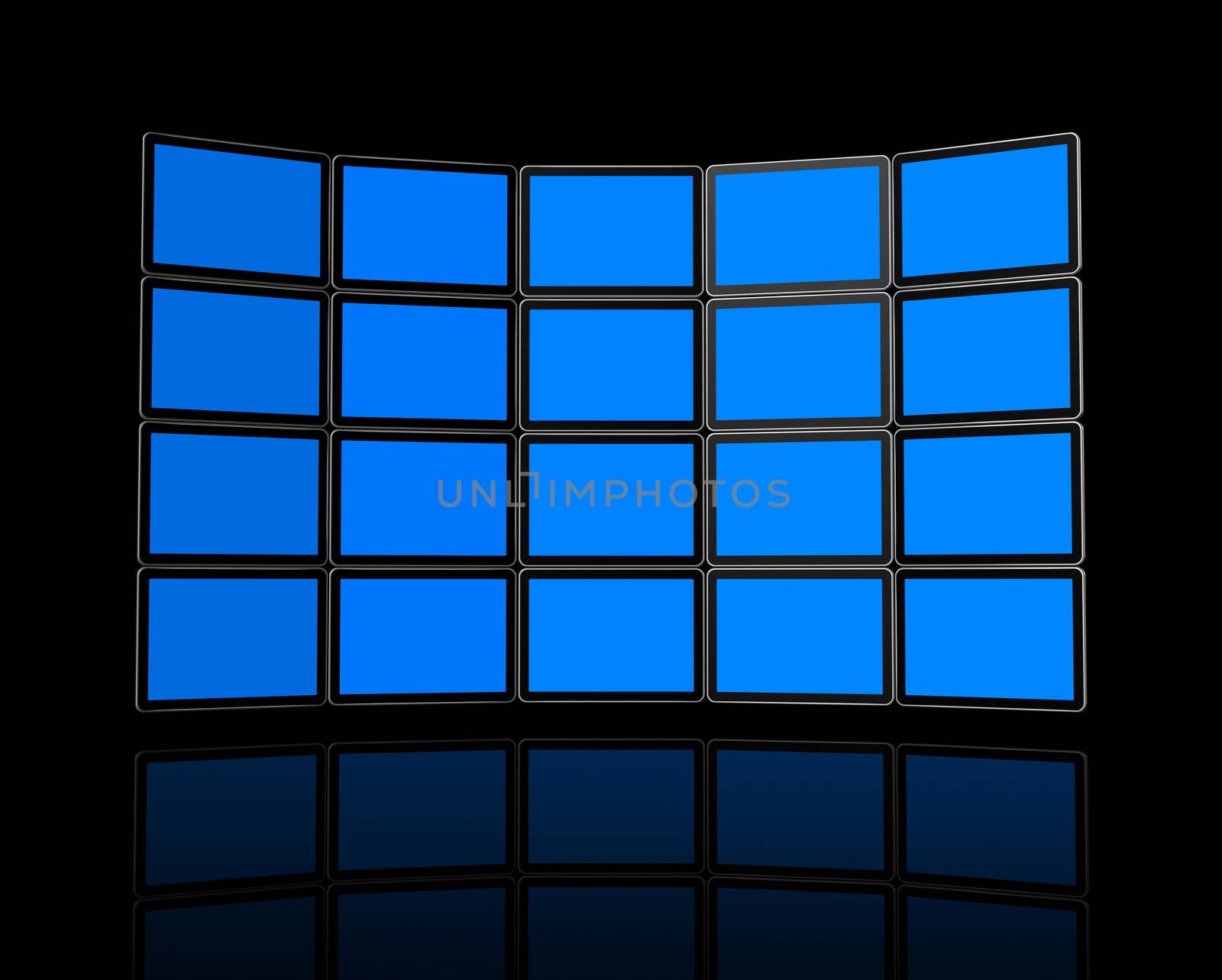 3D panel / Wall of flat tv screens, isolated on black. With 2 clipping paths : global scene clipping path and screens clipping path to place your designs or pictures.