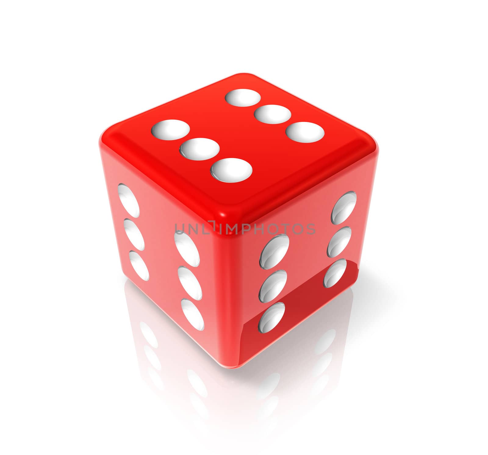 3D red dice with six on all sides. Win concept