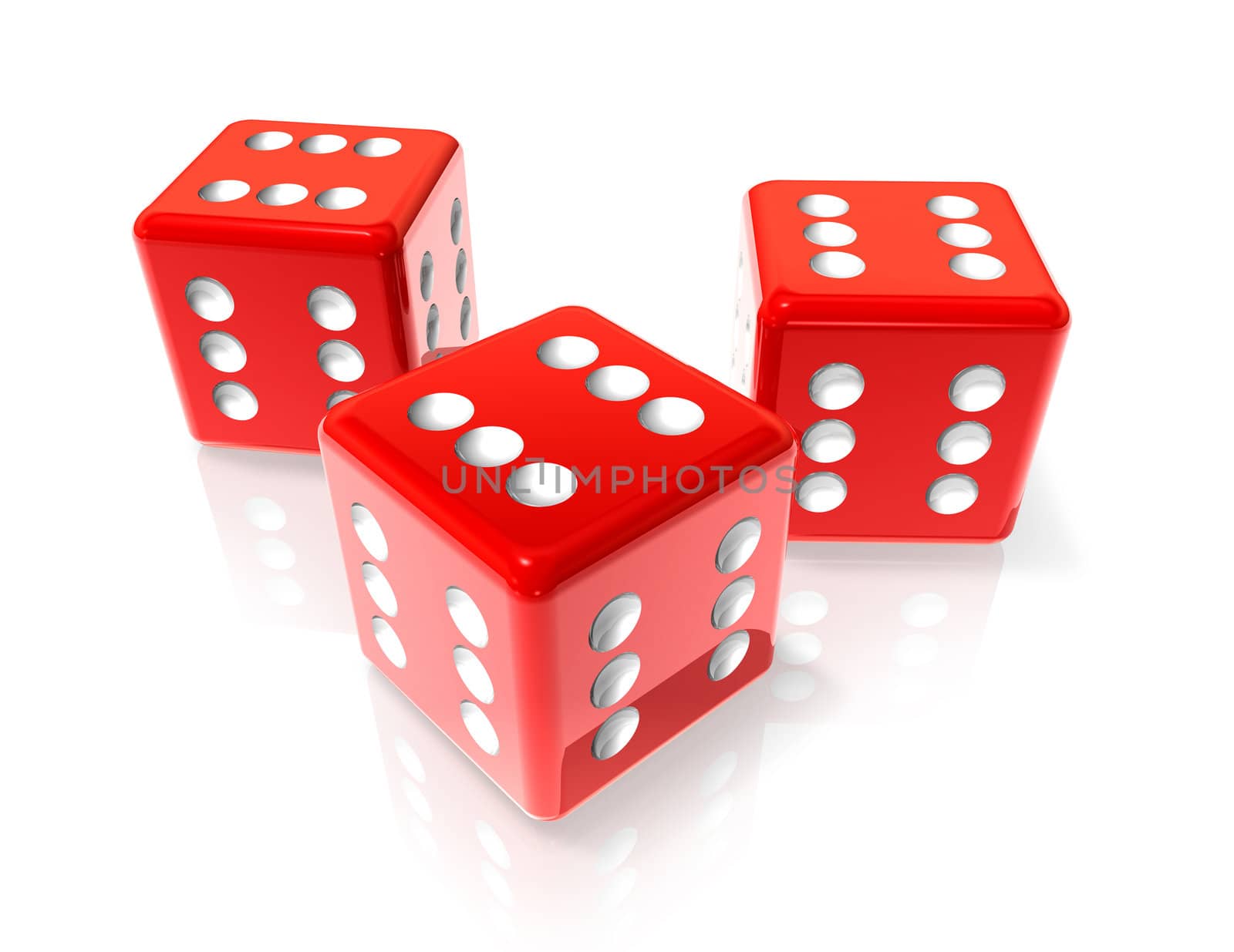 three 3D red dices with six on all sides. Win concept