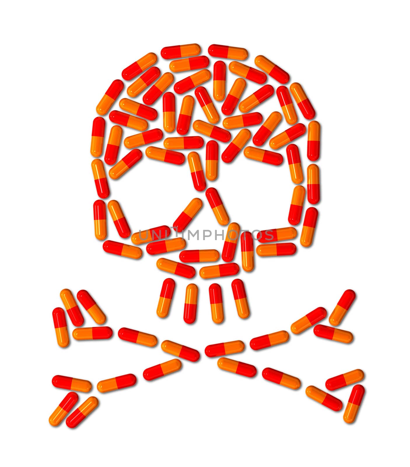 3D skull made of capsule pills isolated on white