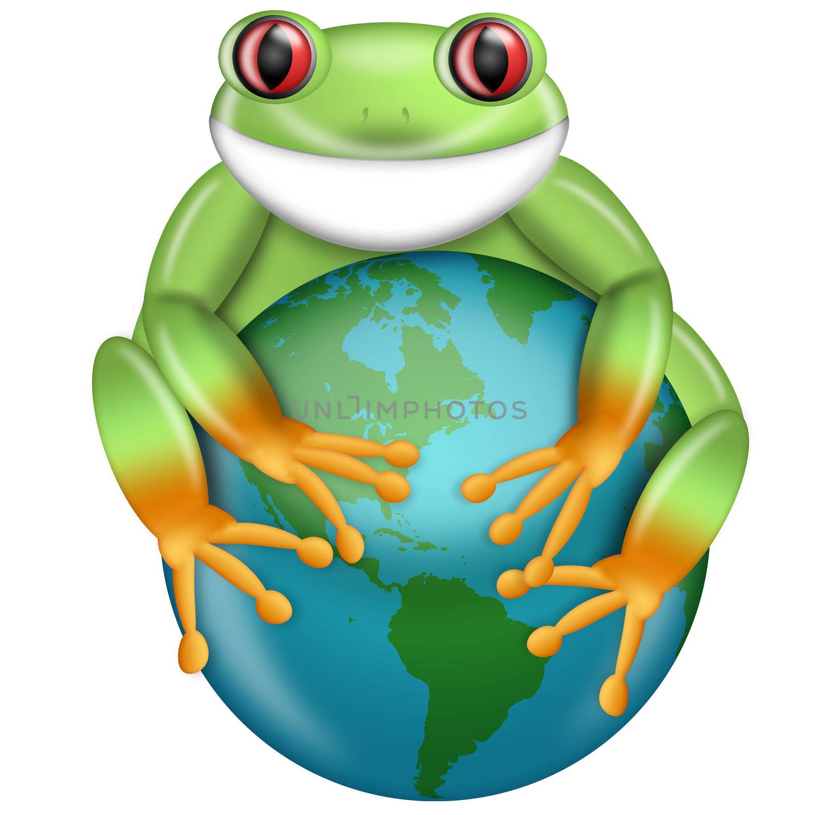 Red-Eyed Green Tree Frog Hugging Planet Earth Globe Illustration