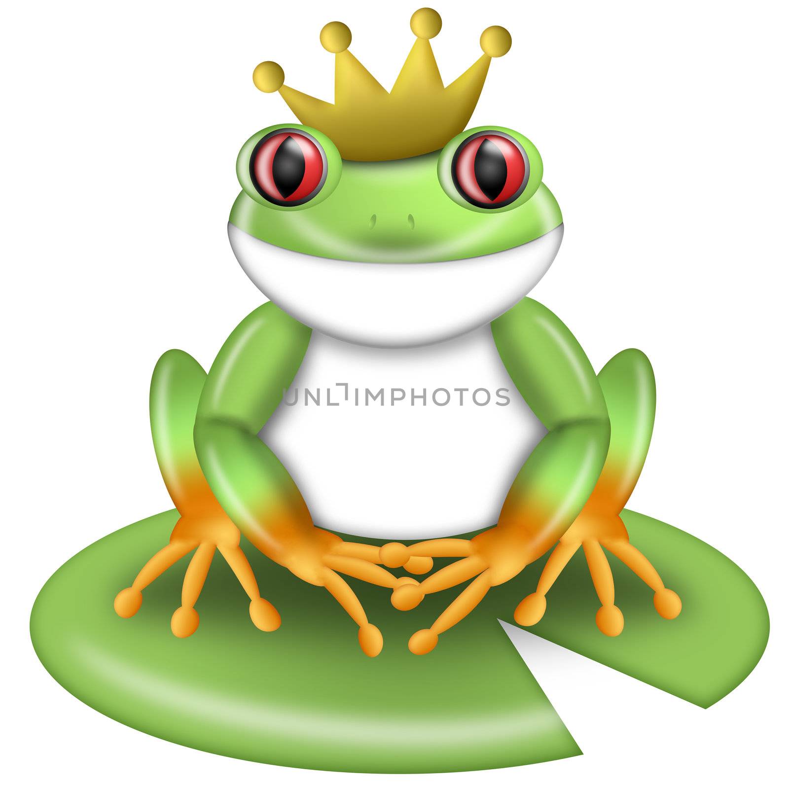 Red-Eyed Green Tree Frog Prince with Crown on Lilypad Illustration
