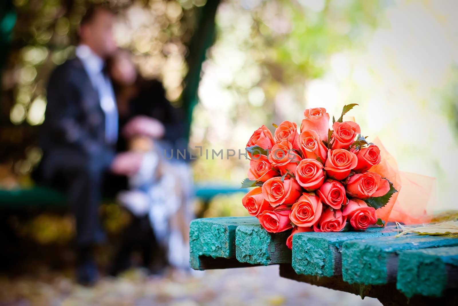 bridal bouquet of red roses on a green meadow and blurred newlyweds