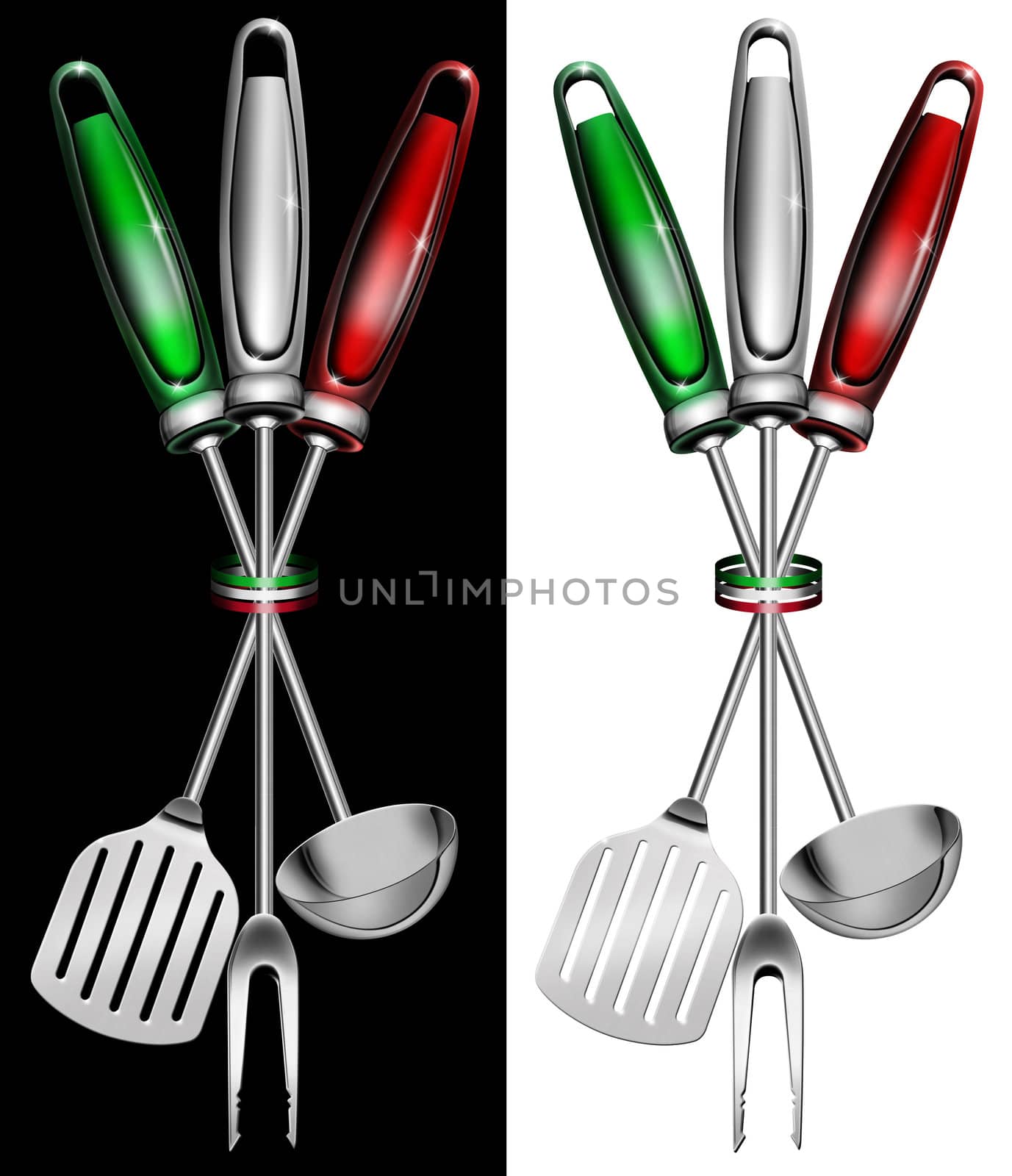 Concept of Italian cuisine with kitchen tools and national flag
