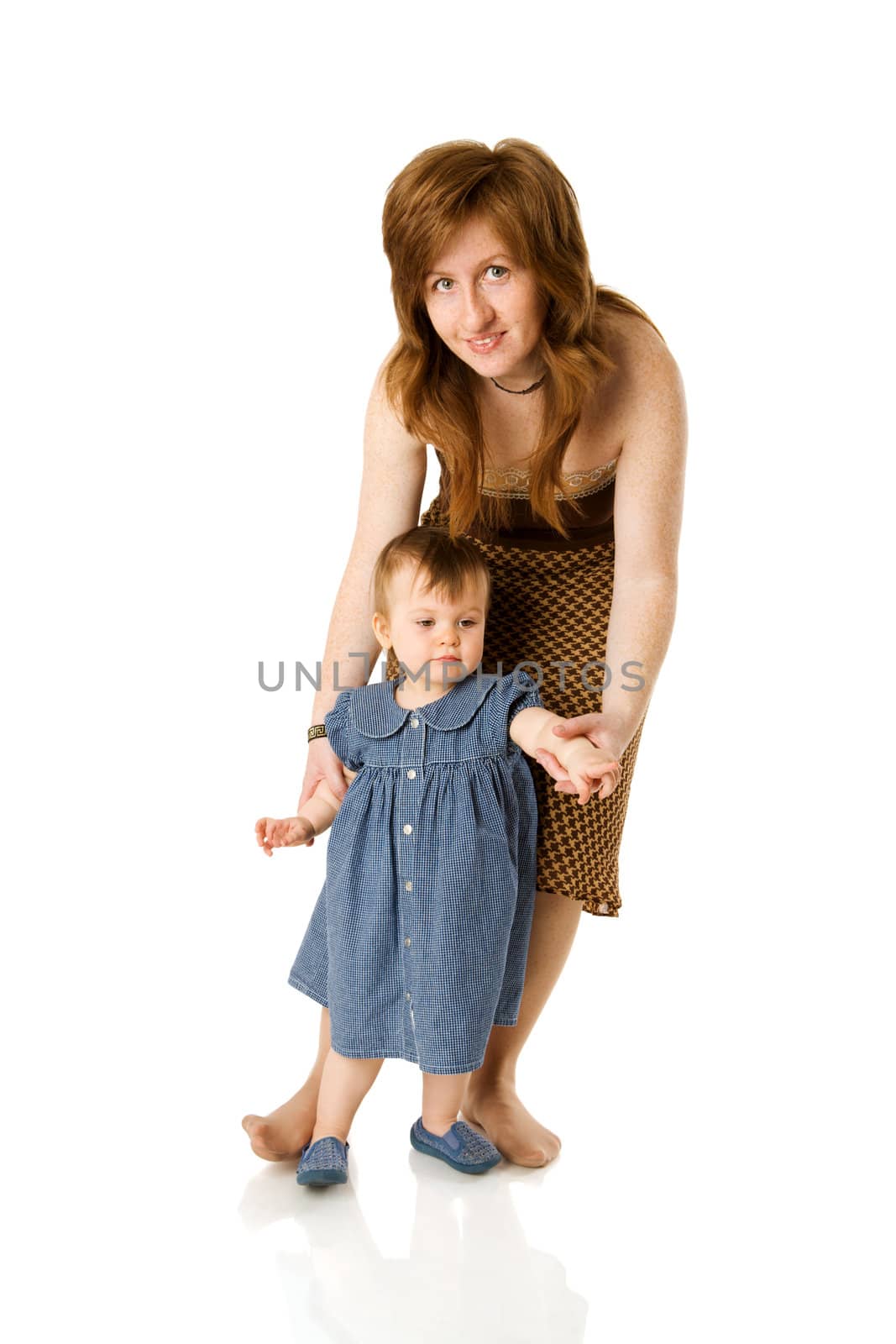 Happy mother playing with daughter isolated on white