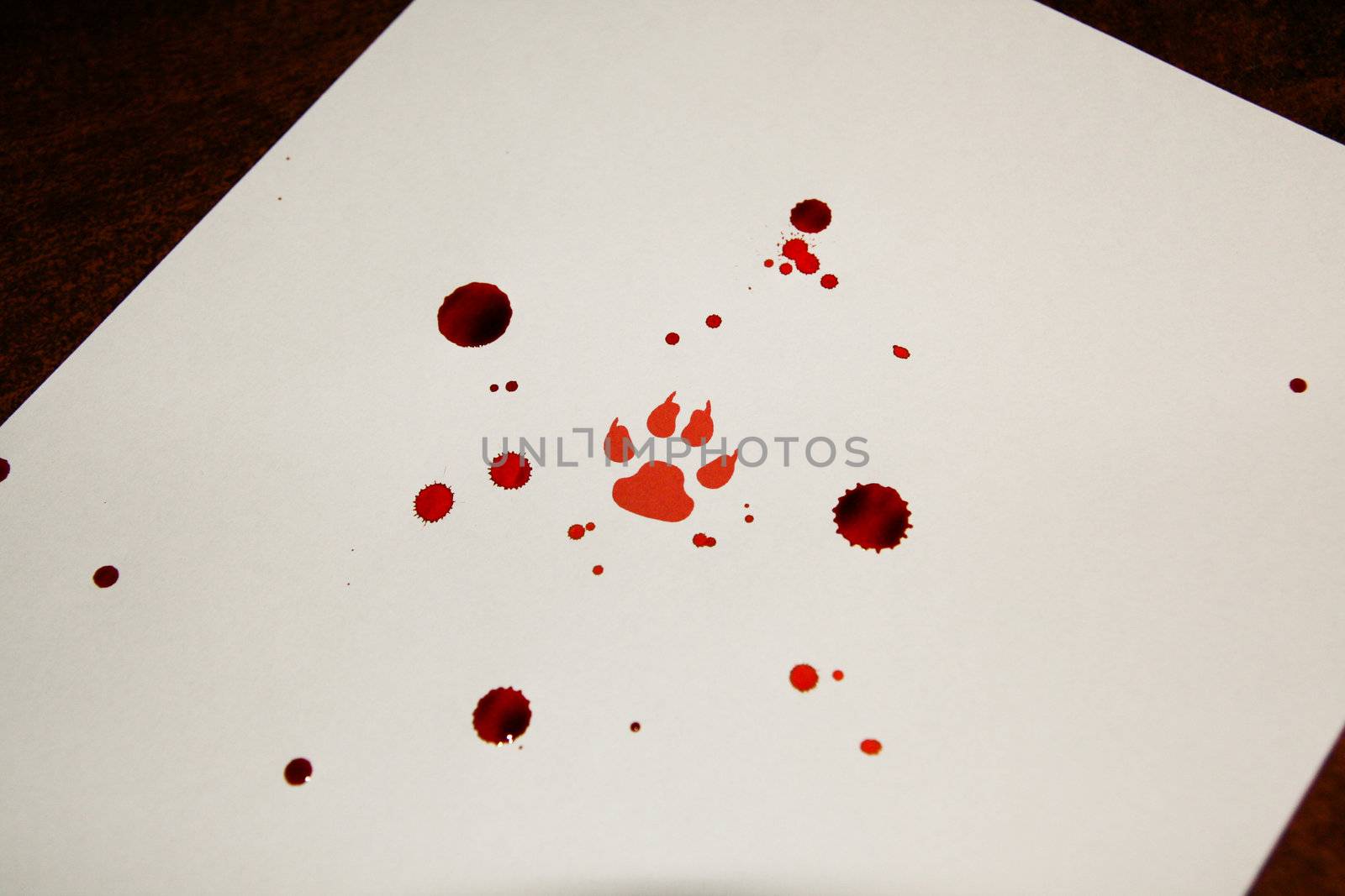 Fake bloody paw trace on white paper