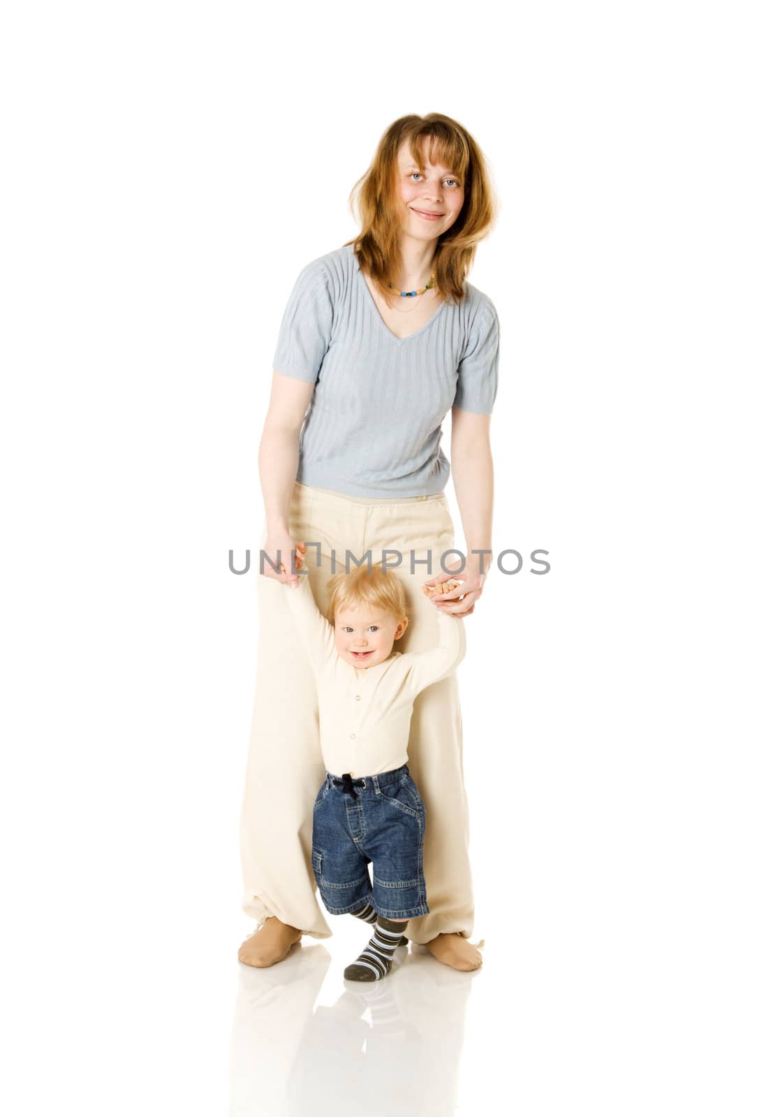 Mother with son posing isolated on white