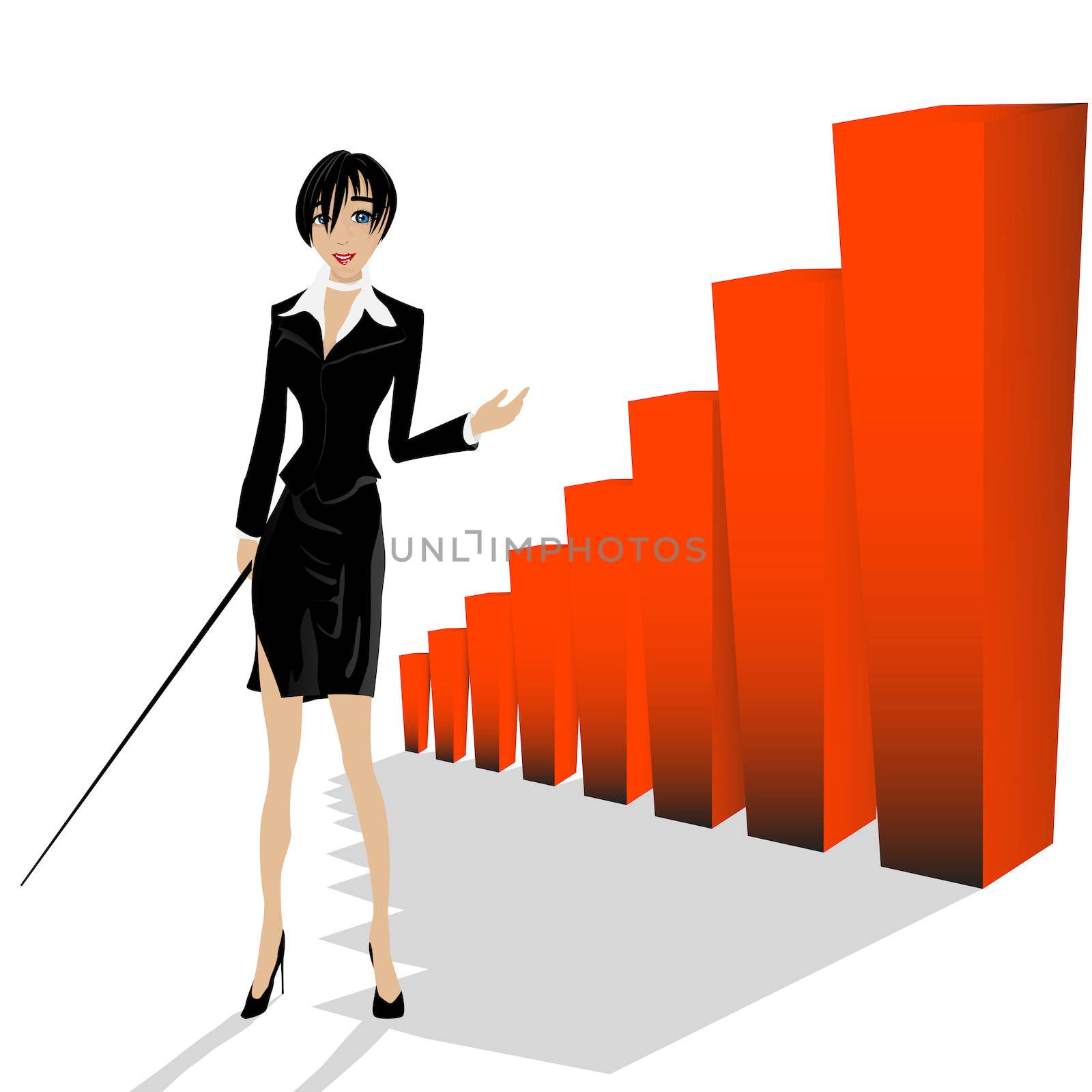 Conceptual layout with a business woman presenting statistic bars
