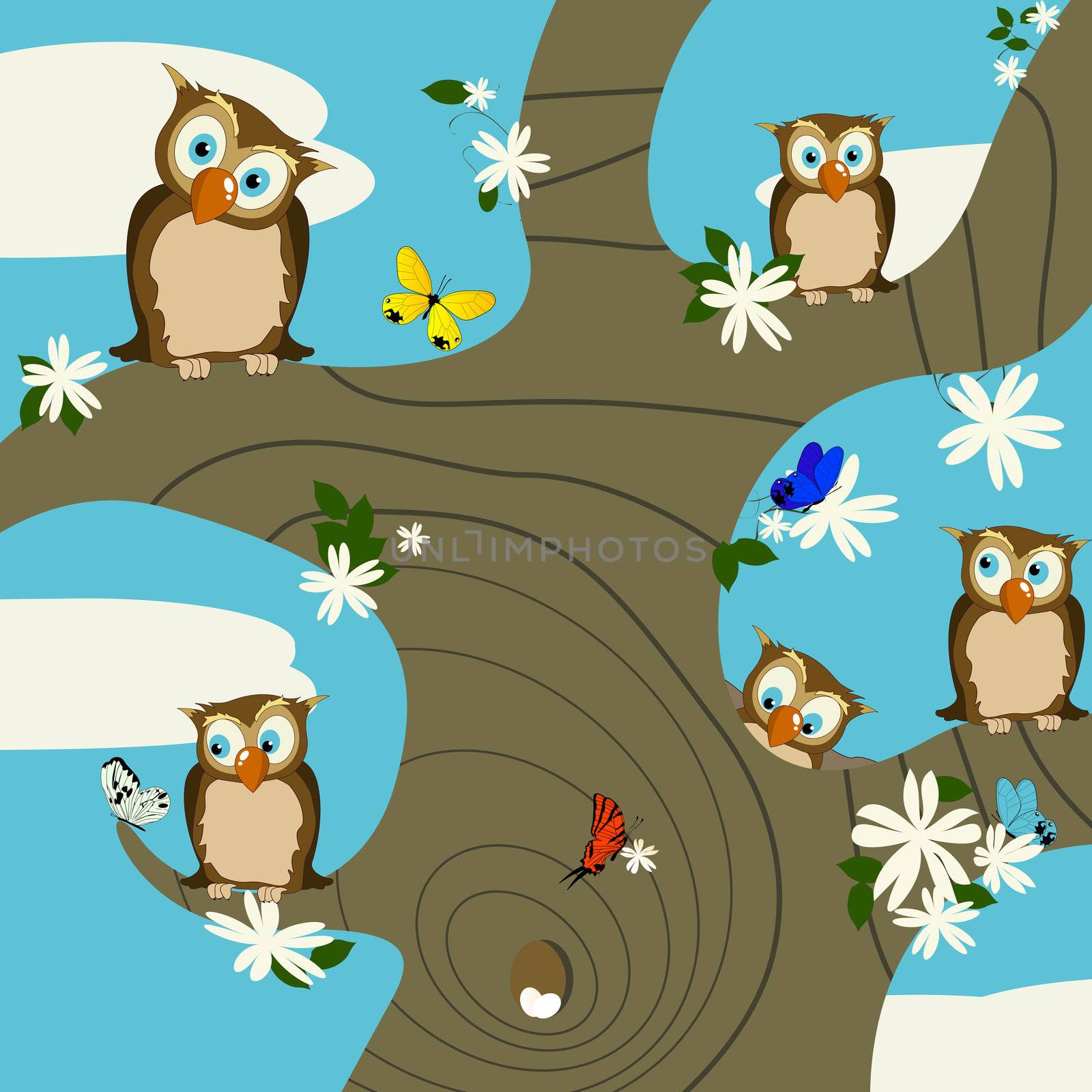 A springtime background with cute owls and butterflies