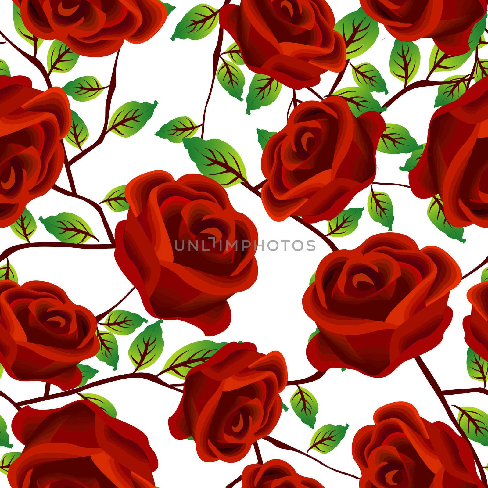 Seamless background design with stylized red roses isolated over white background