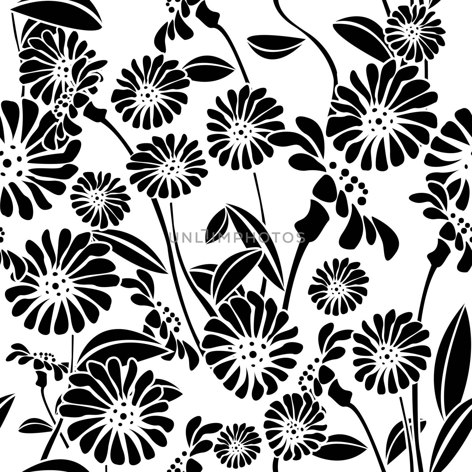 Decorative floral background, seamless pattern in black and white, clip art