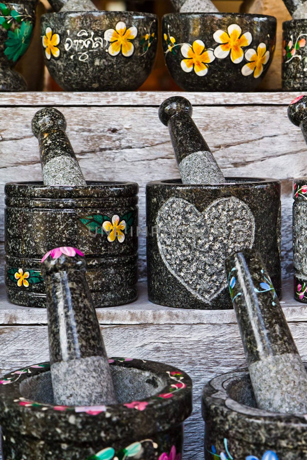 Pestle and stone mortar , Thai cooking tool.