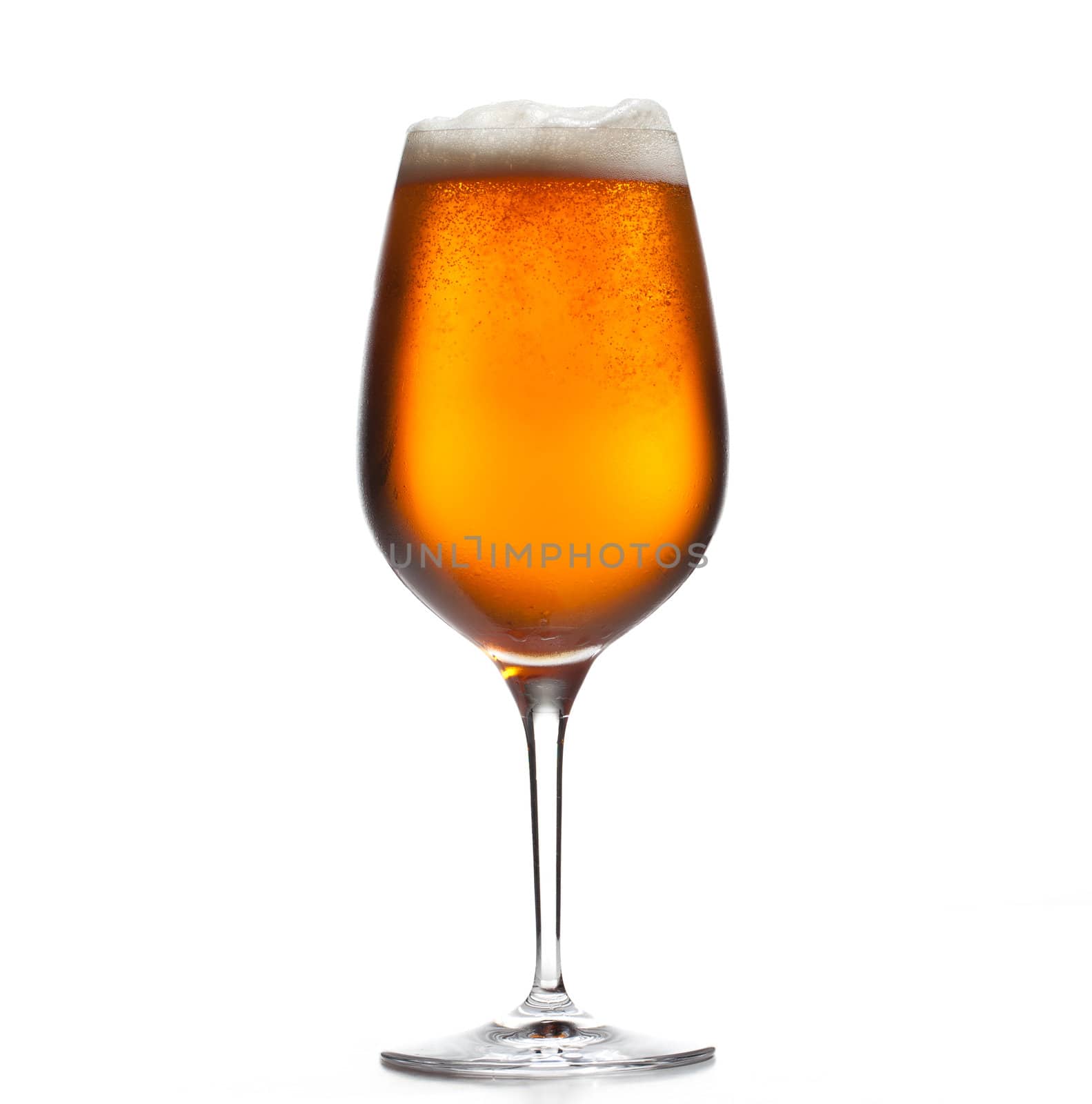 Chilled isolated wine goblet with small droplets of condensation on the outside of the glass and filled with golden colored beer