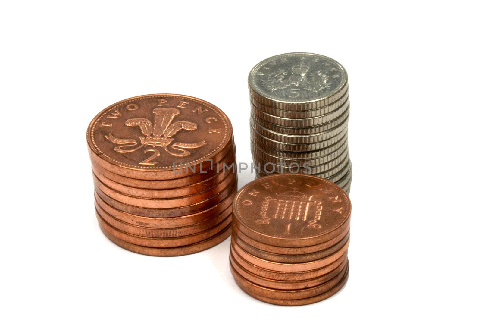 British Money Coins Stacked isolated on white background