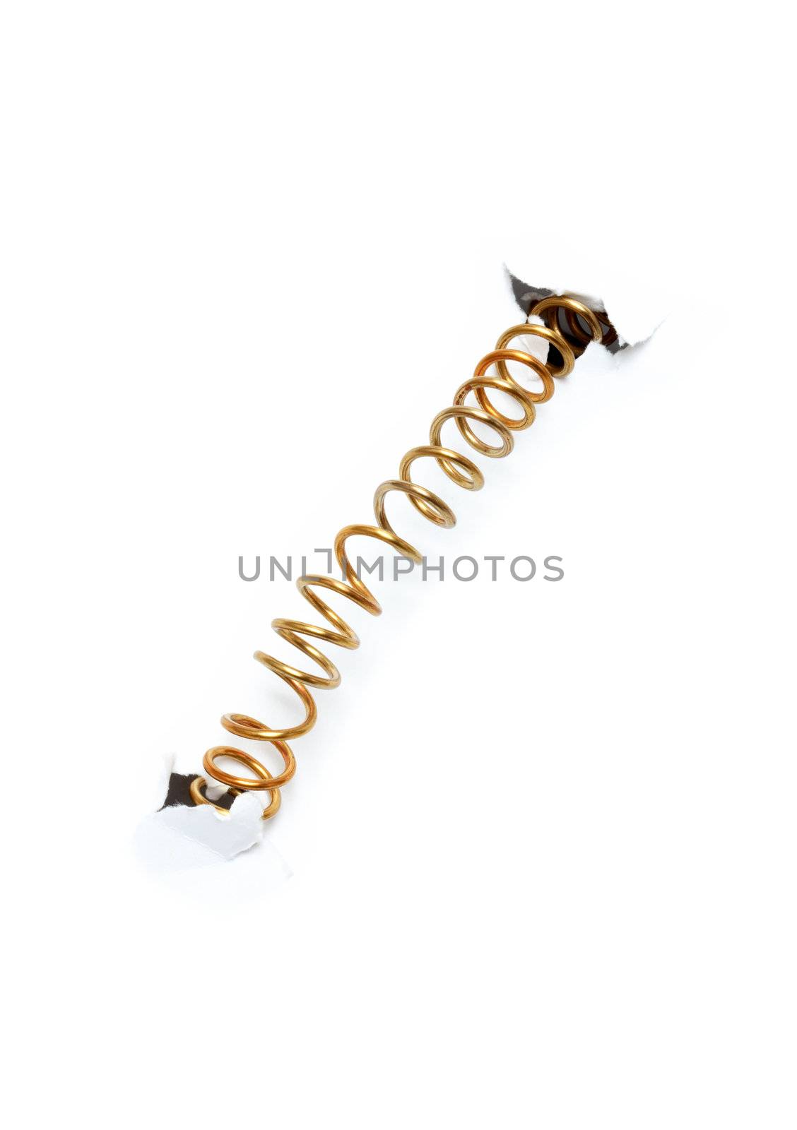 Brass spring isolated on background with white disrupt paper