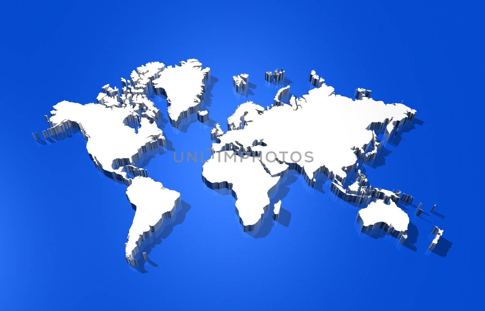 three dimensional white world map isolated on blue background
