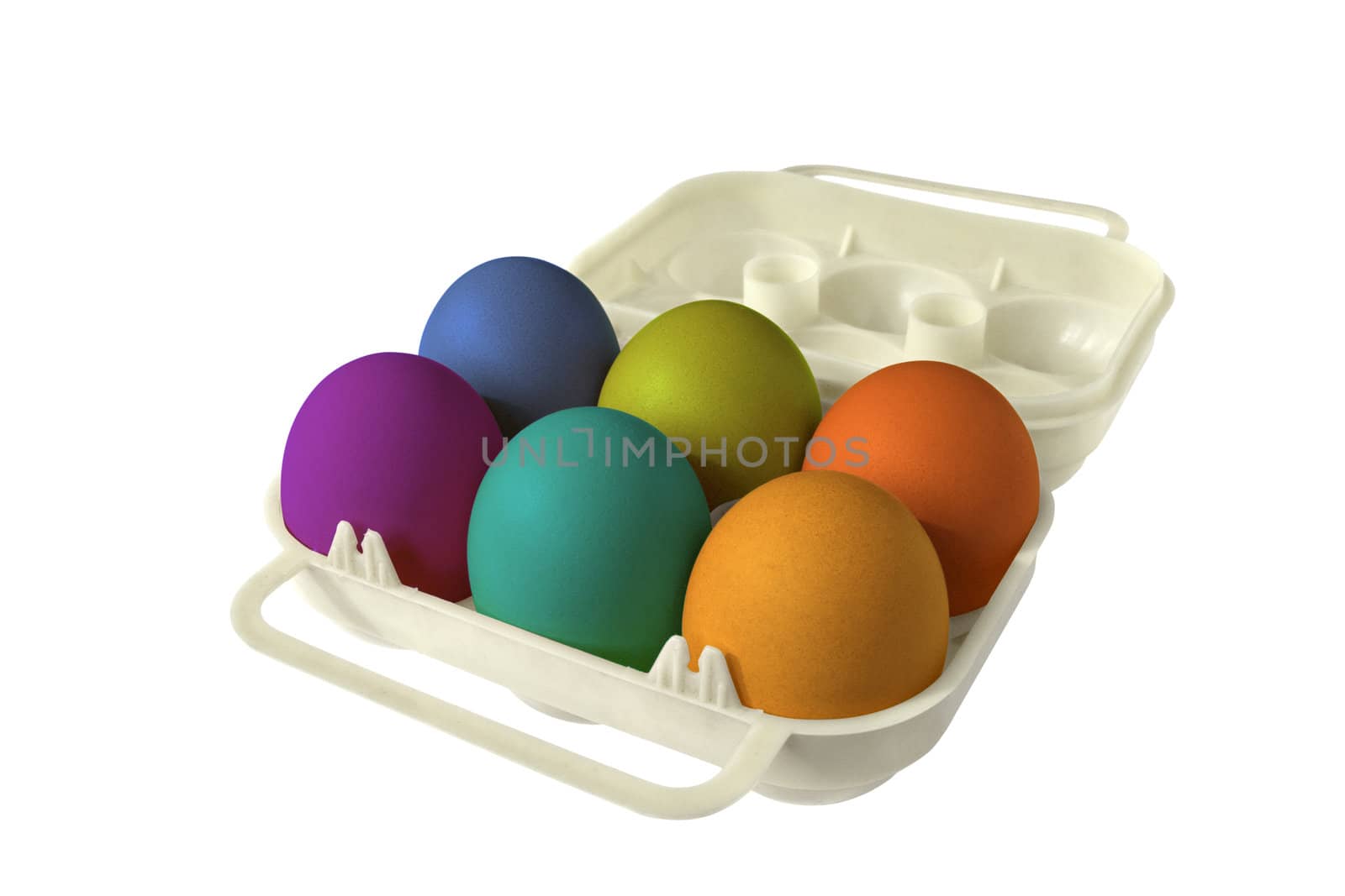 six colored easter eggs in an eggbox
