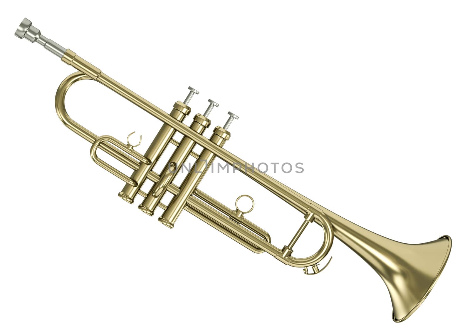 Gold trumpet isolated against white background. 3D rendered image.