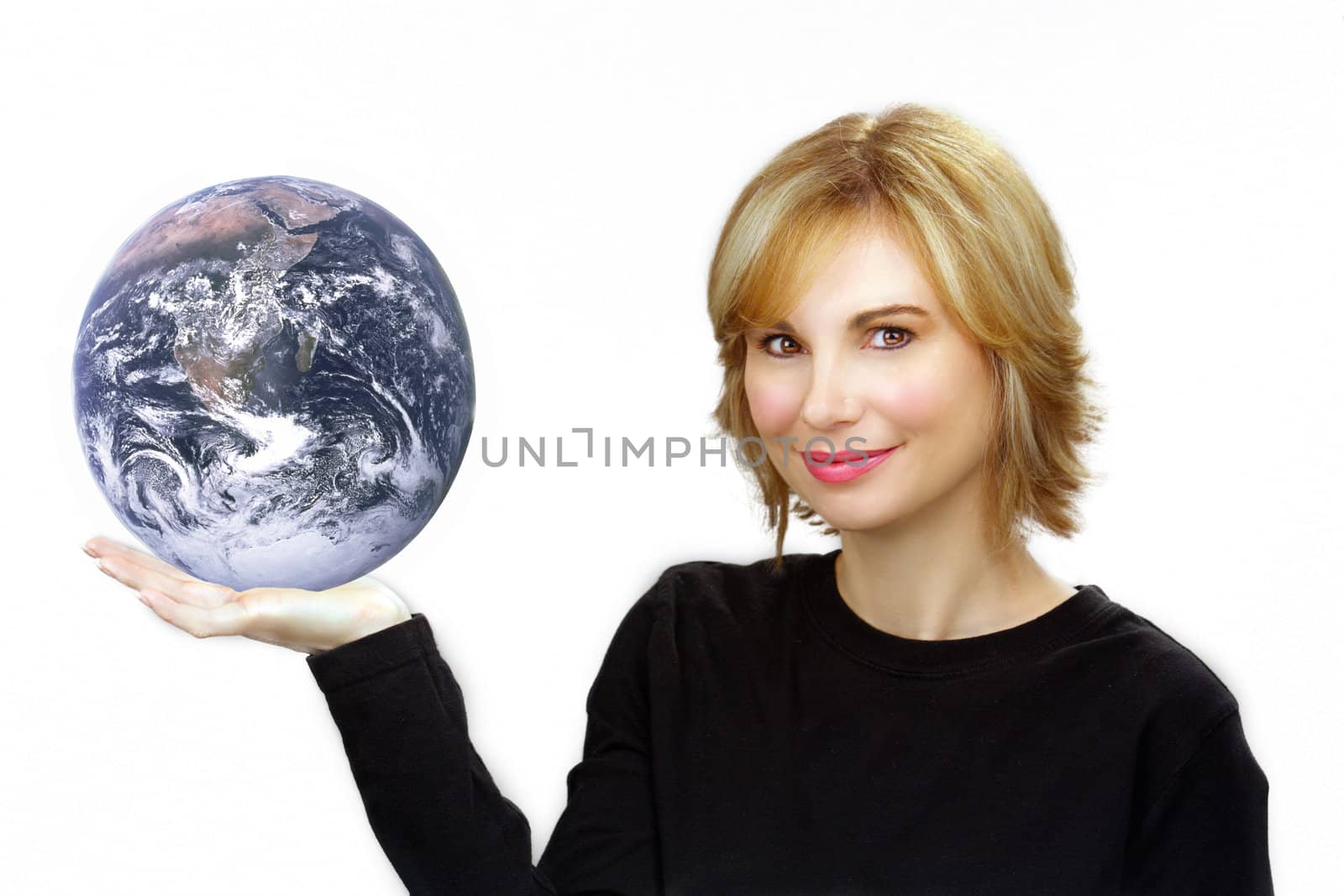 Close-up of a lovely young sandy-blonde woman holding the earth in her right hand.