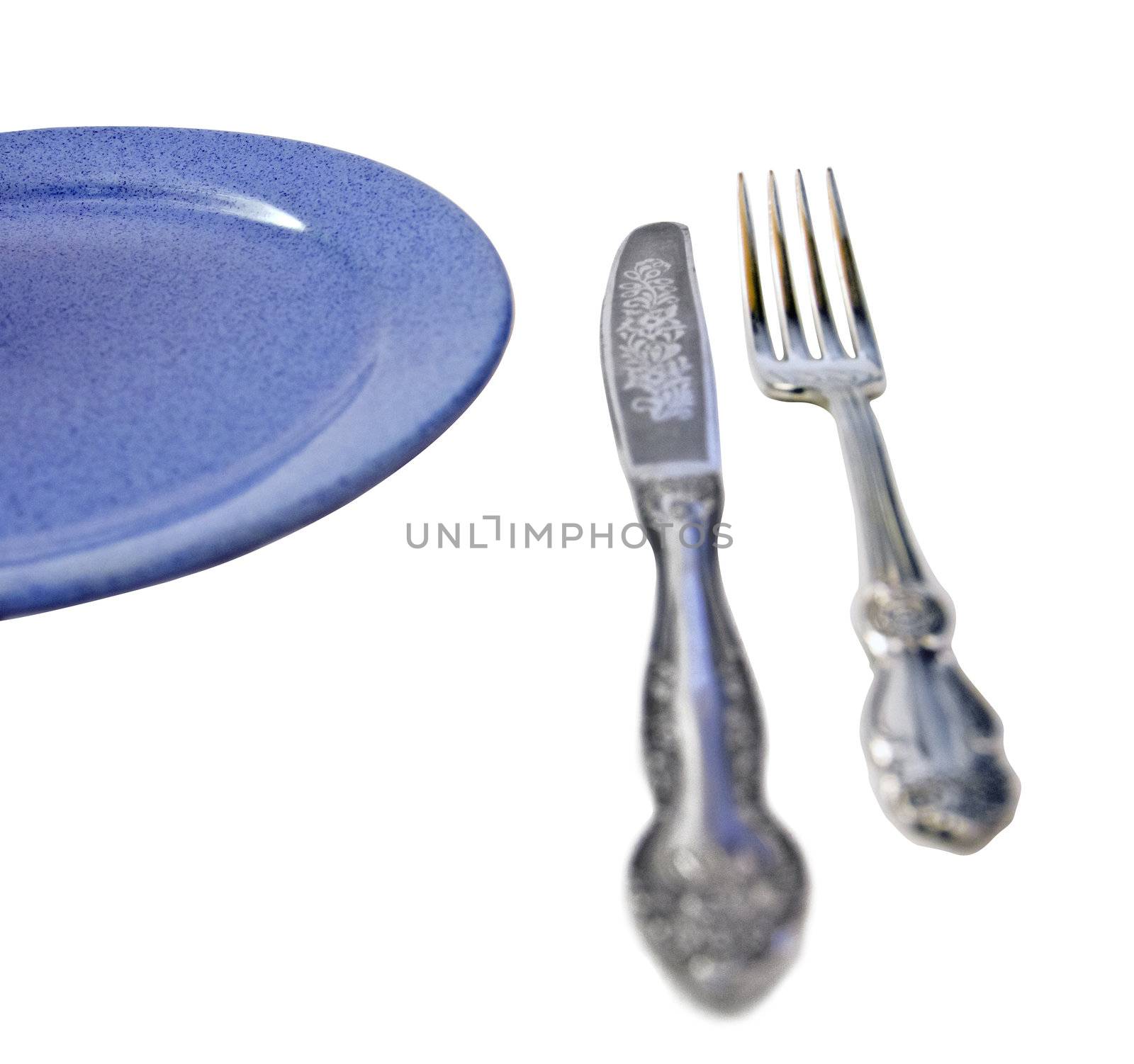 knife fork and blue plate by Qod