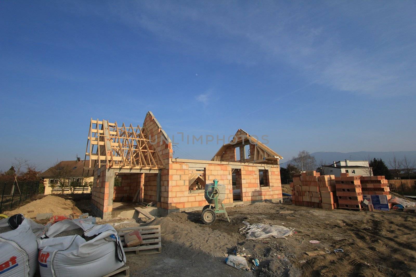 construction house and sky blue