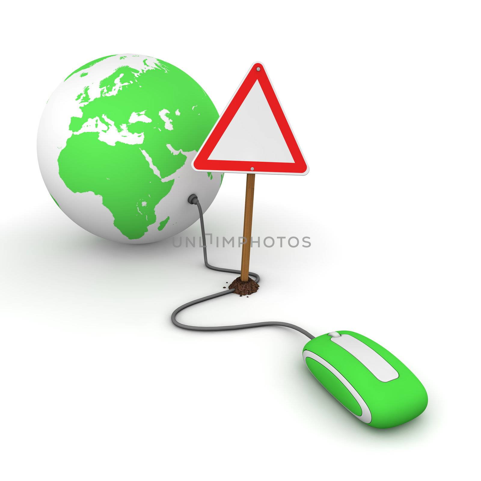 green computer mouse is connected to a green globe - surfing and browsing is blocked by a triangular red-white warning sign that cuts the cable - empty template sign