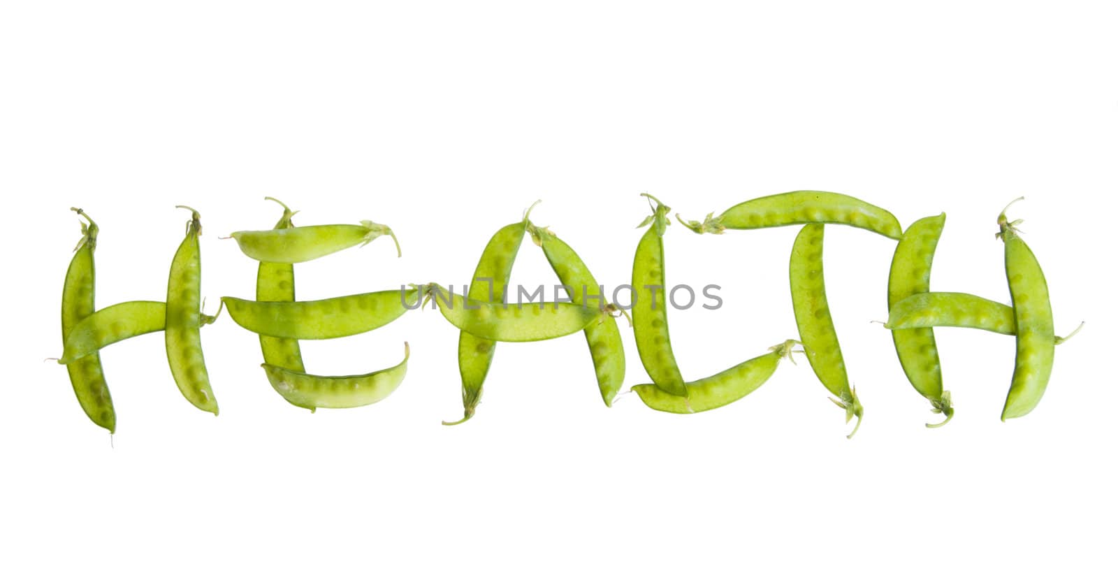 Healthy vegetable concept using pea pods to spell out word