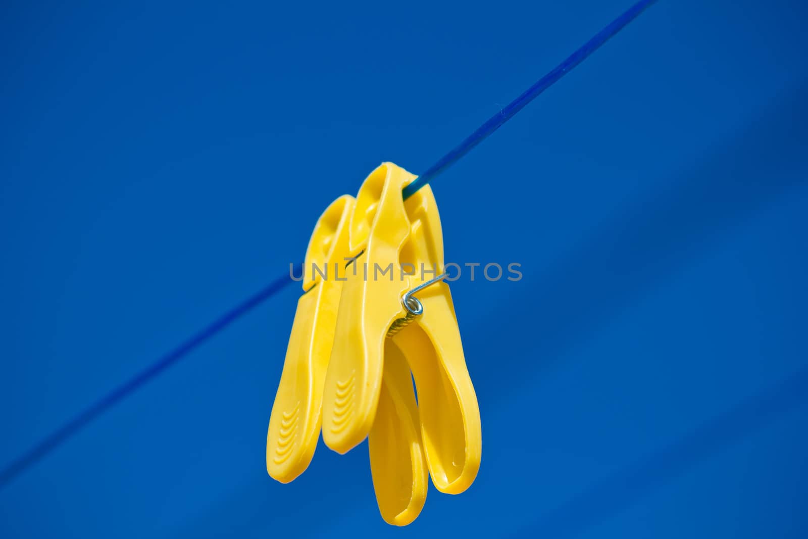 detail of cloth pegs under the clear blue sky