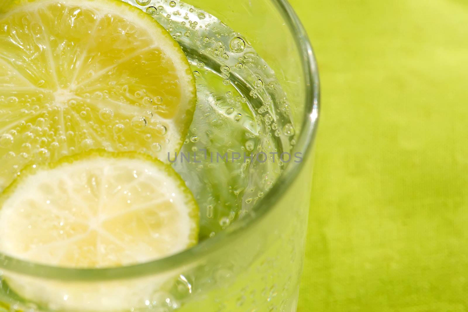 Glass of sparkling water and lemon refreshment for background