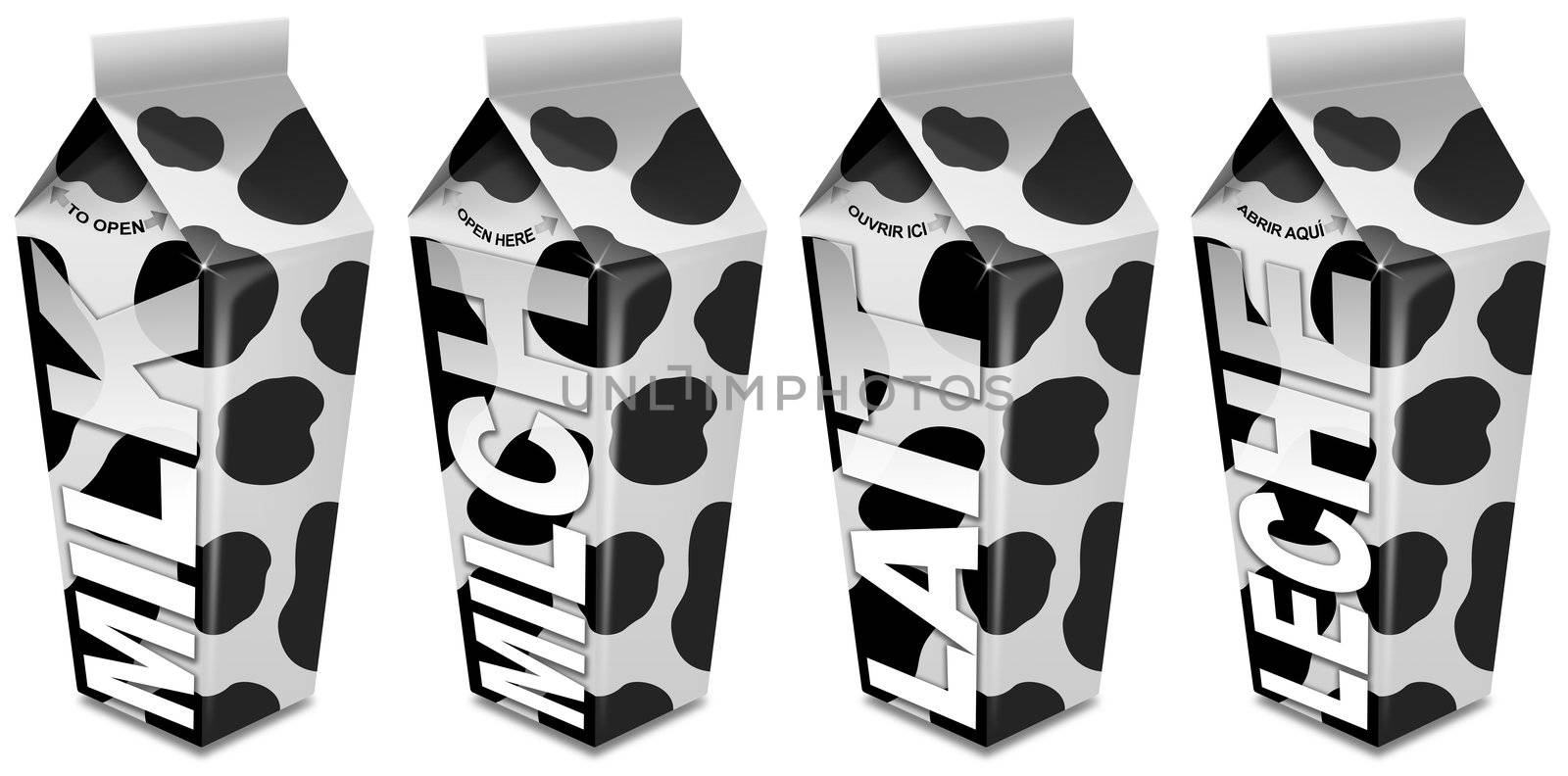 White packaging to black spots of milk, with milk written in english, french, spanish and german