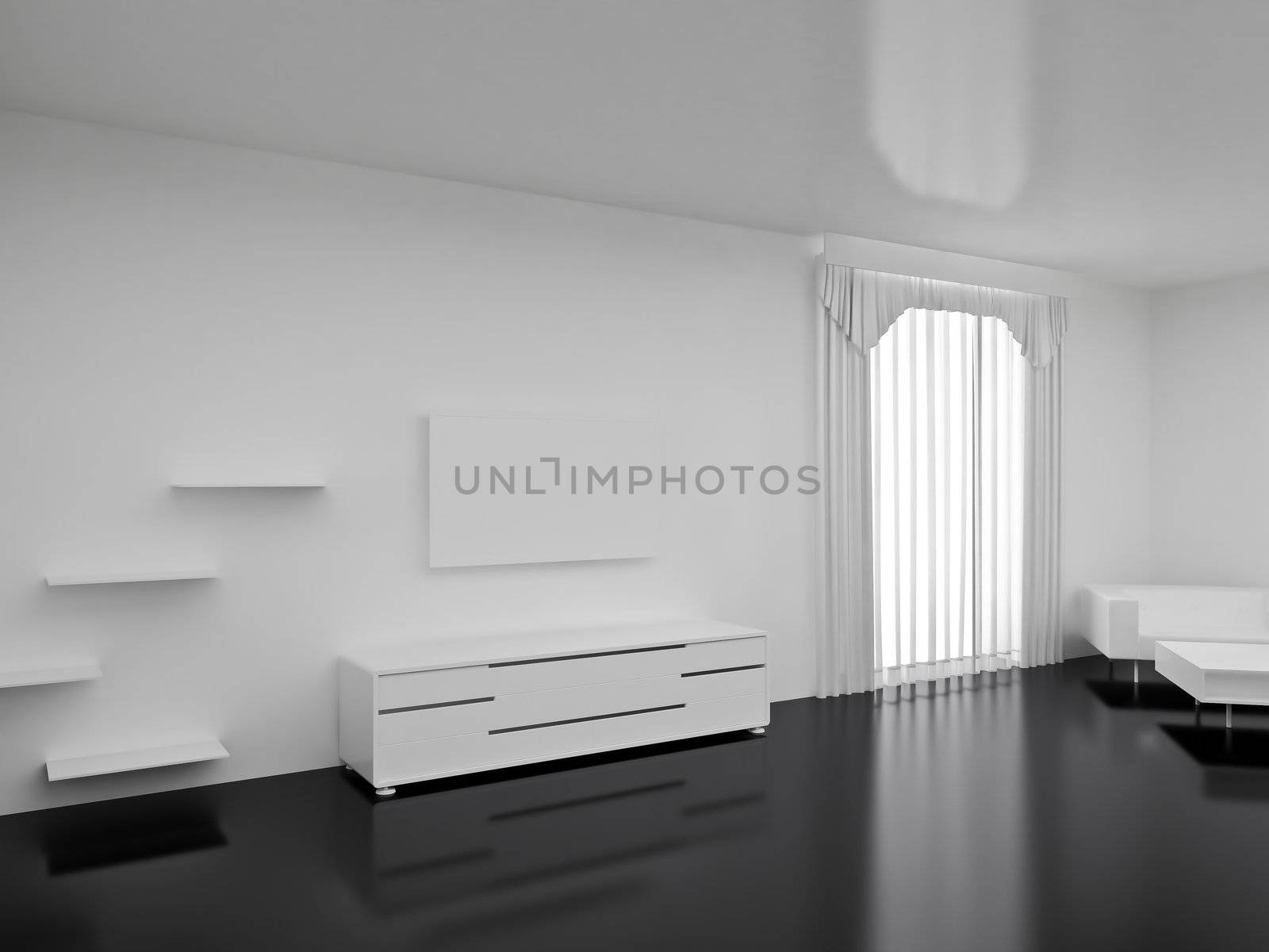 Modern TV in room. Interior of the modern room. High resolution image. 3d rendered illustration.