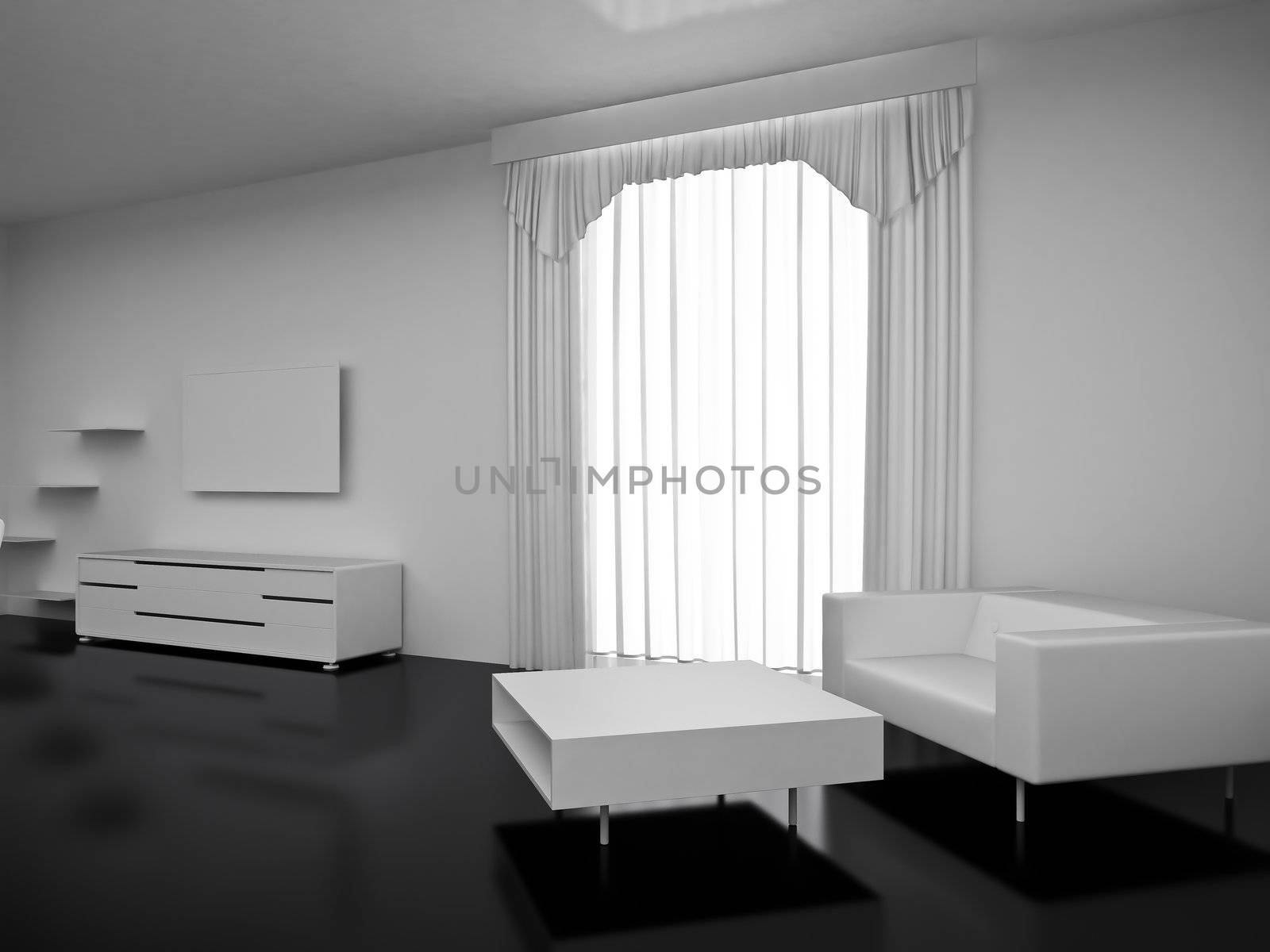 Modern TV in room. Interior of the modern room. High resolution image. 3d rendered illustration.