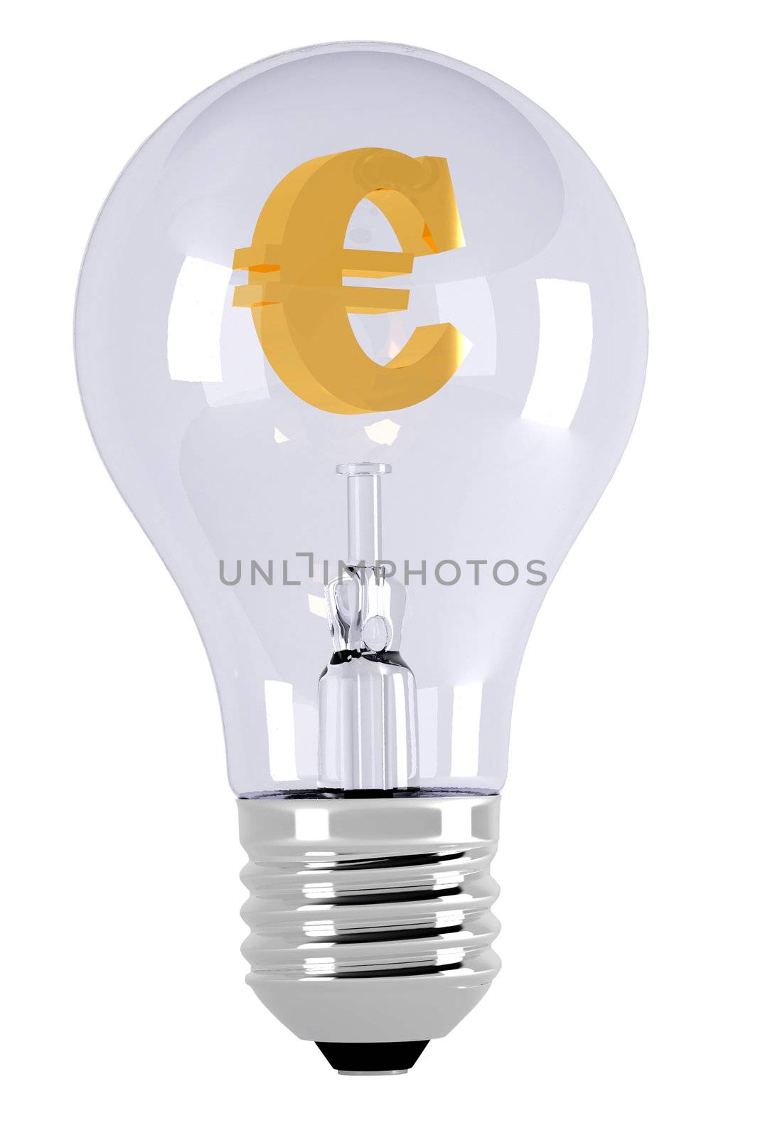 Golden euro symbol. Light bulb. 3d illustration over  white backgrounds.