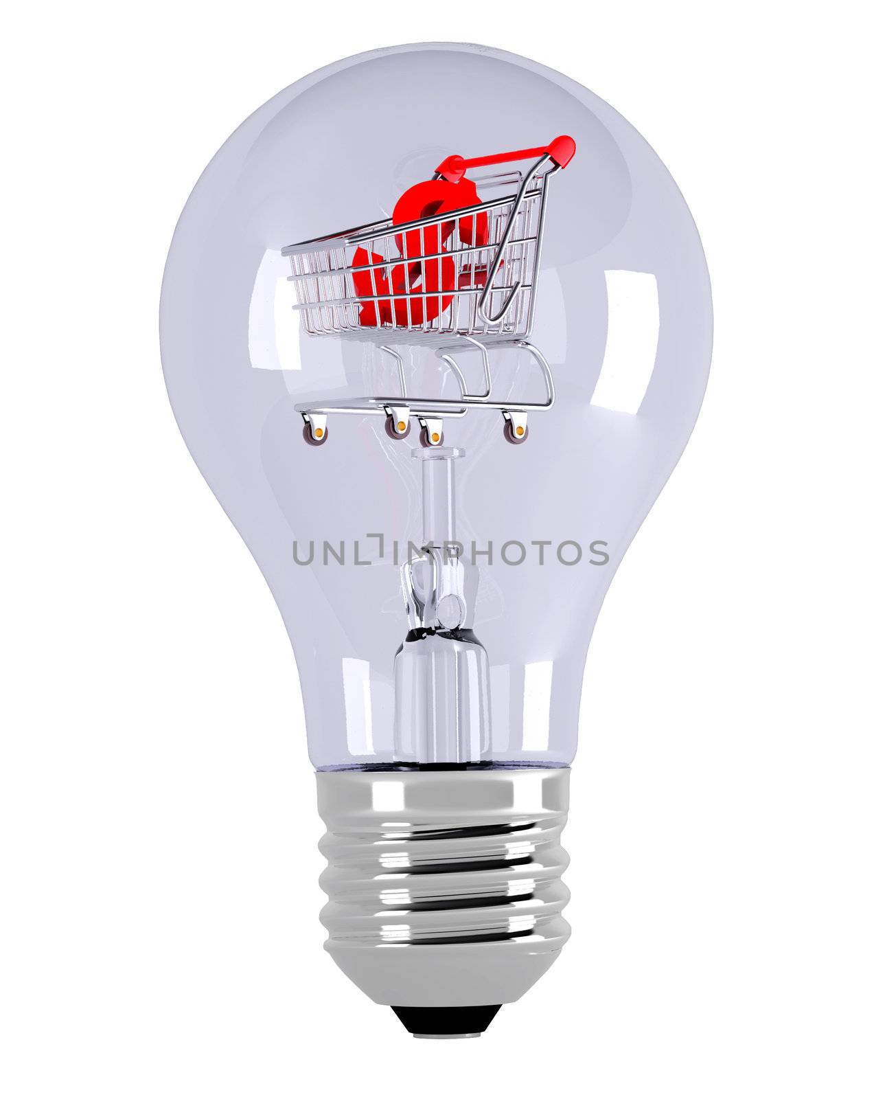 Light bulb and shopping cart .  3d illustration over white backgrounds.