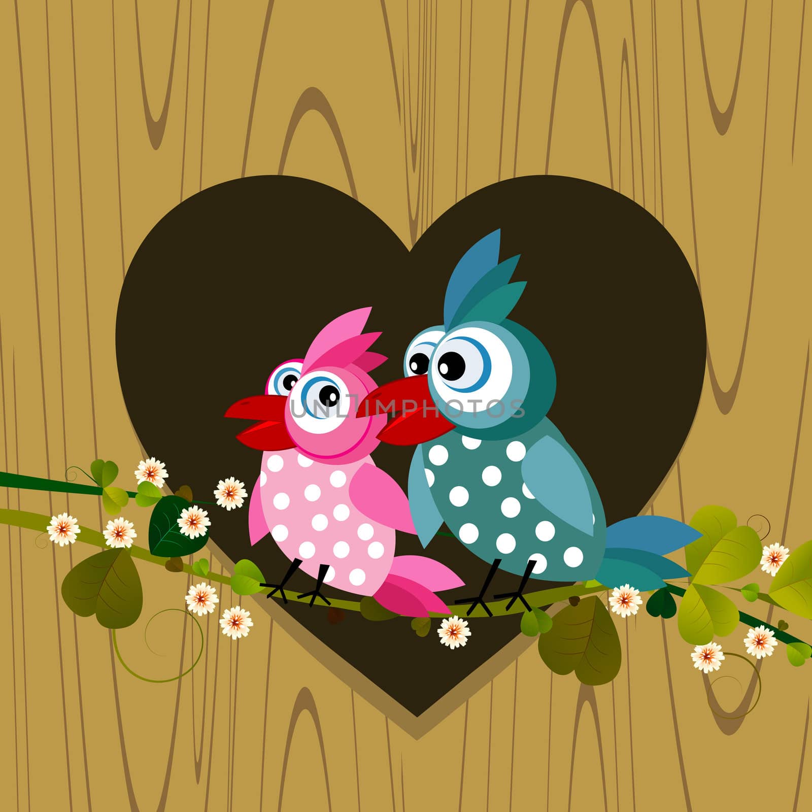Cartoon background with two birds in love