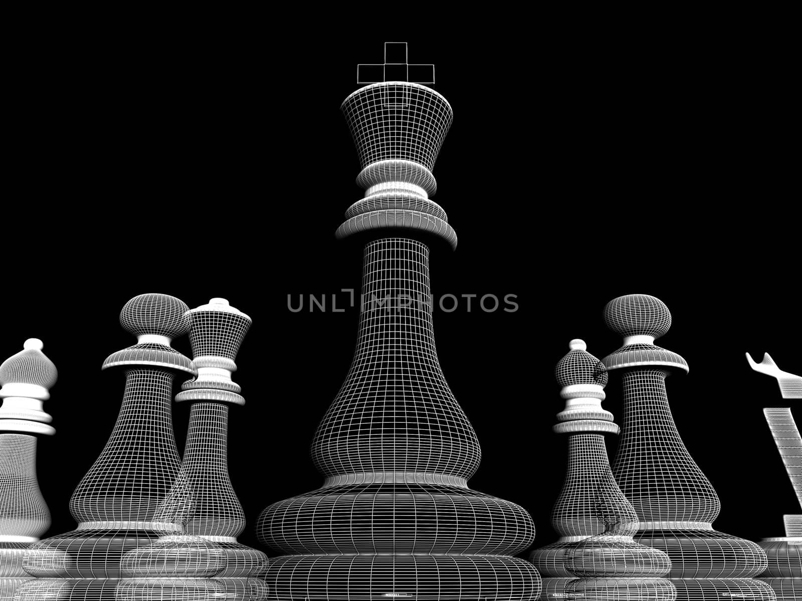 High resolution image.  White chessmen on a black background.