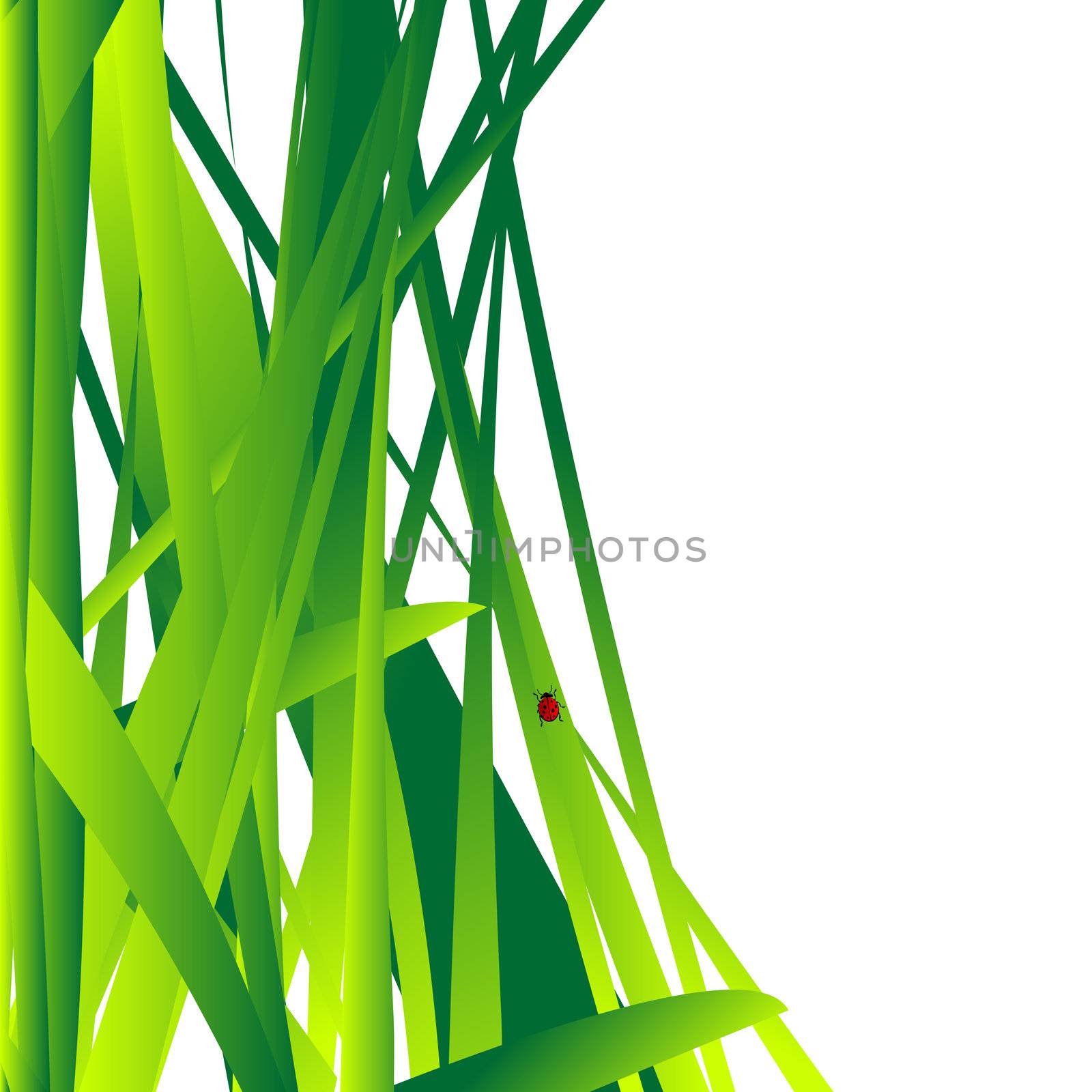 Background with fresh grass leaves and a little ladybug