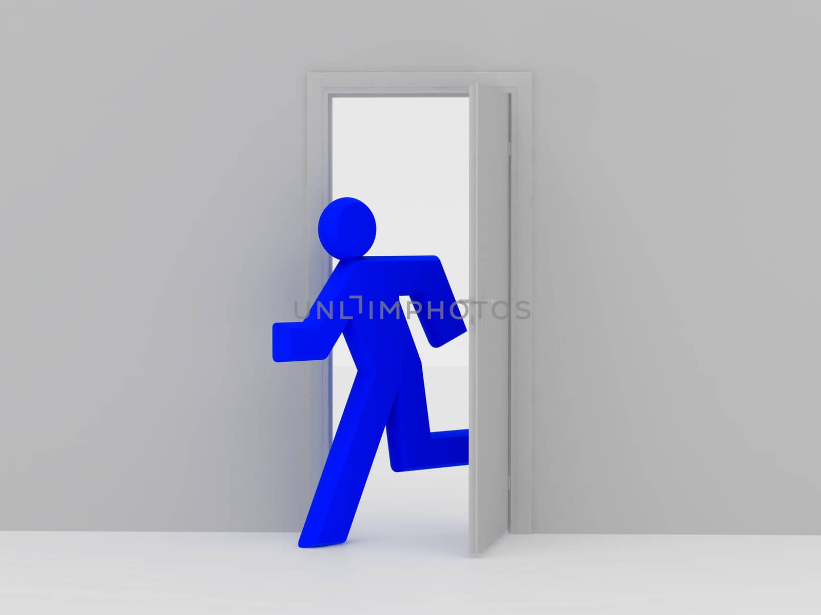 Man 3d rendered illustration isolated on white background and door. High resolution image.