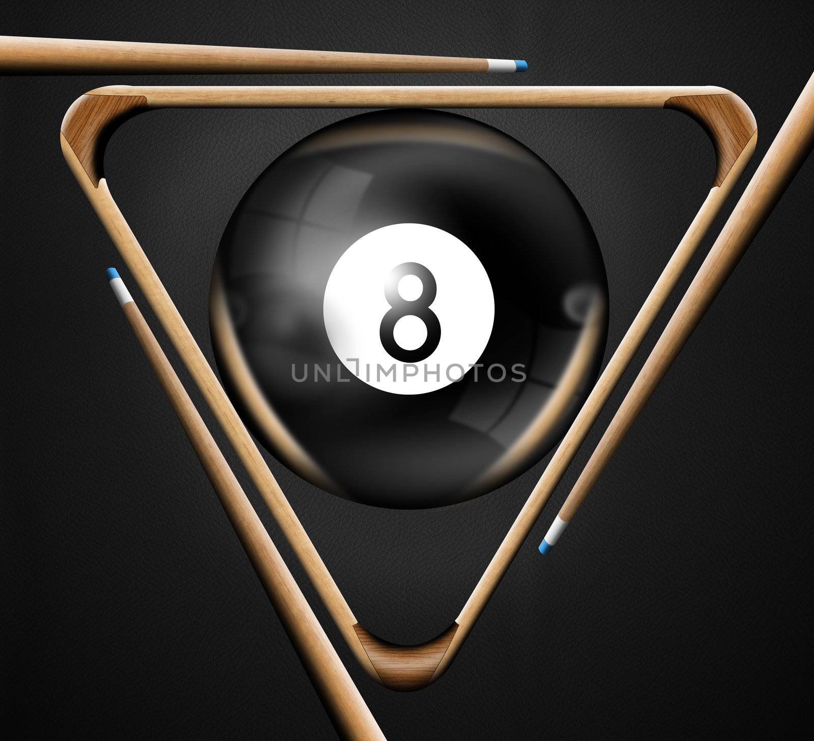 Illustration with triangle, pool balls number 8, and three pool cues