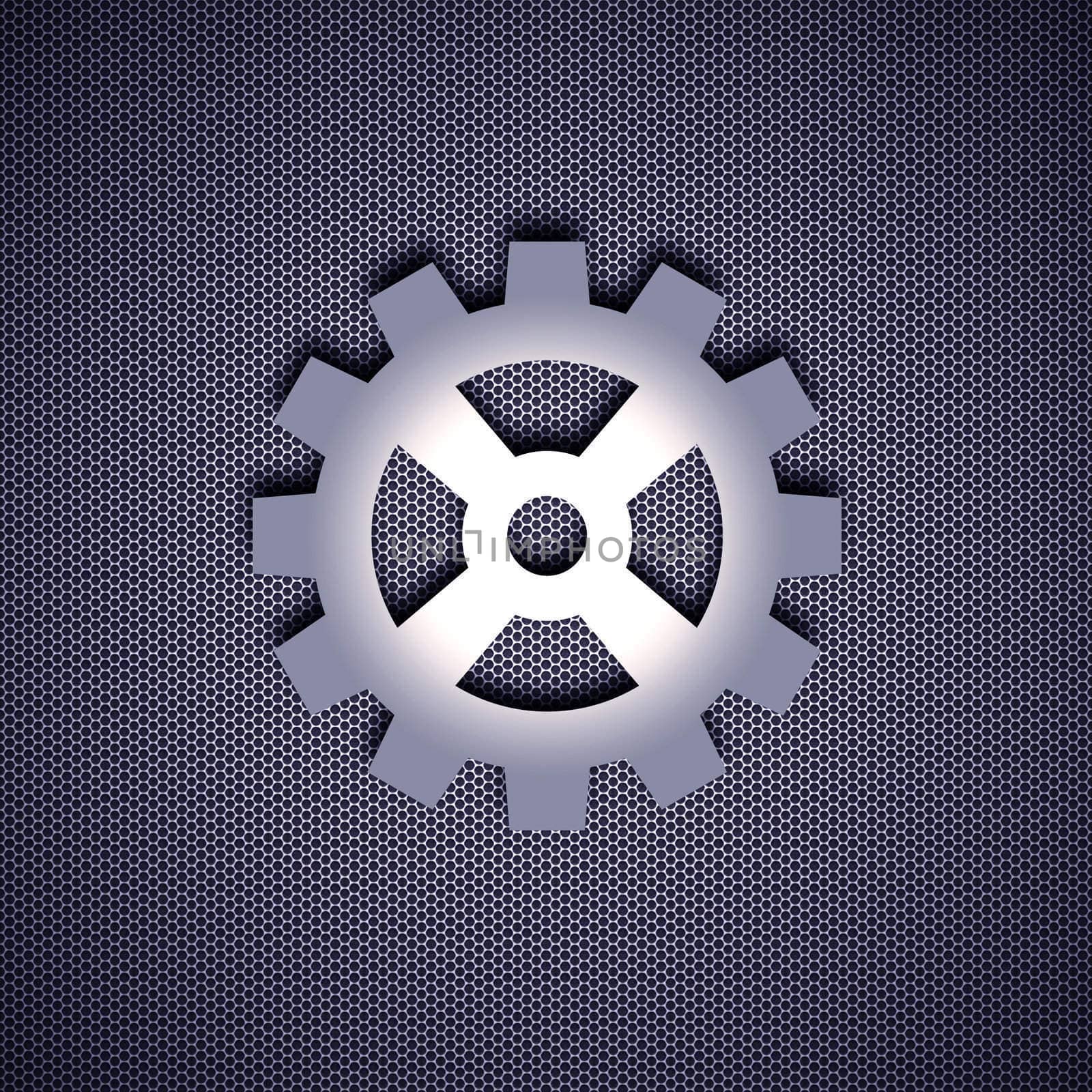 Cogwheel symbol with 3d effect, symbol isolated on metal background. Steel background.