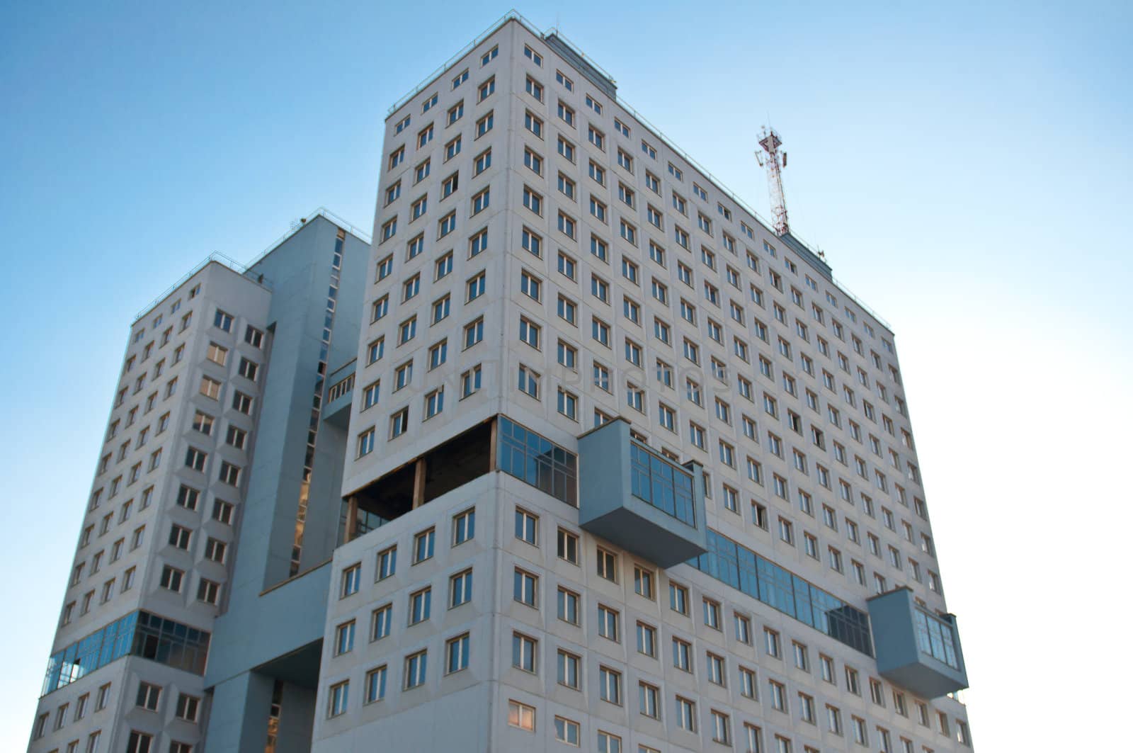 Tallest building in the city of Kaliningrad on the background of blue sky.