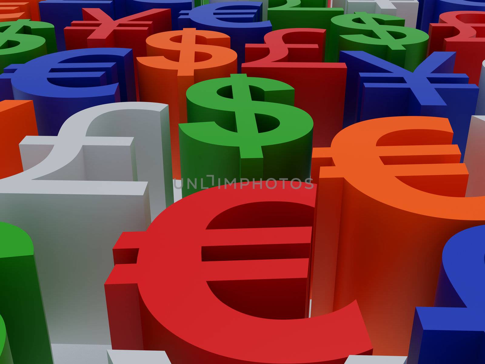 Currency symbols. 3d illustration. High resolution image. Symbols multi-coloured.