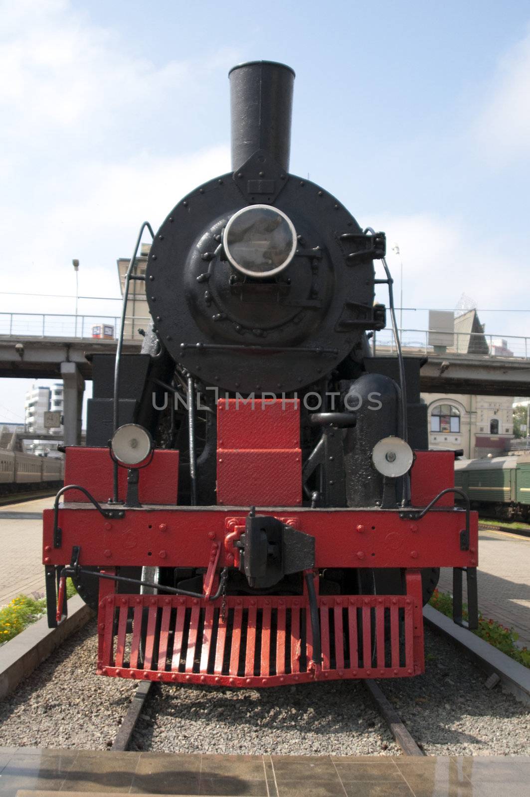 High resolution image. Vintage steam locomotive. Ancient train with a steam locomotive.