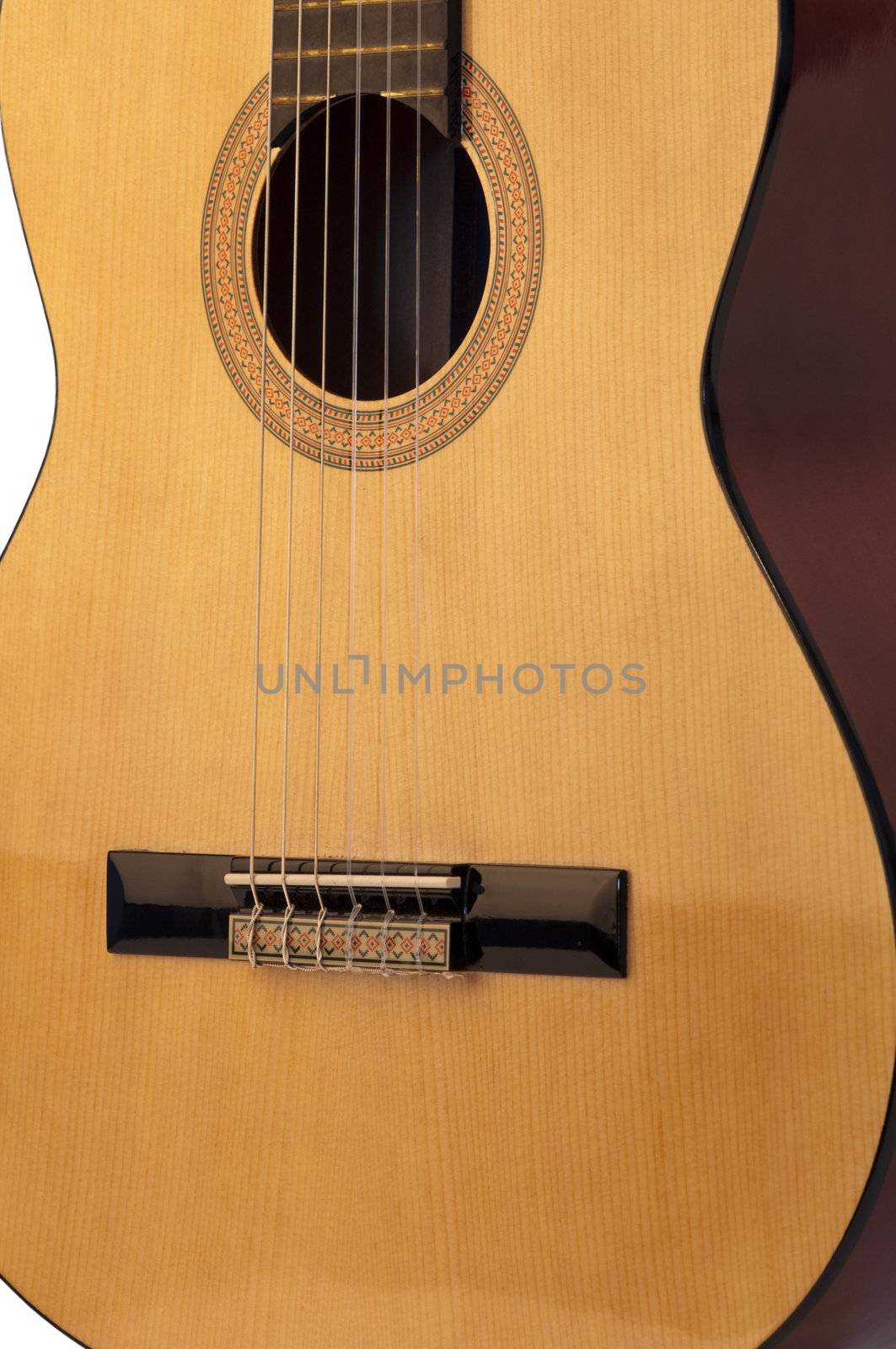 High resolution image.  Classical acoustic guitar, isolated on white background.