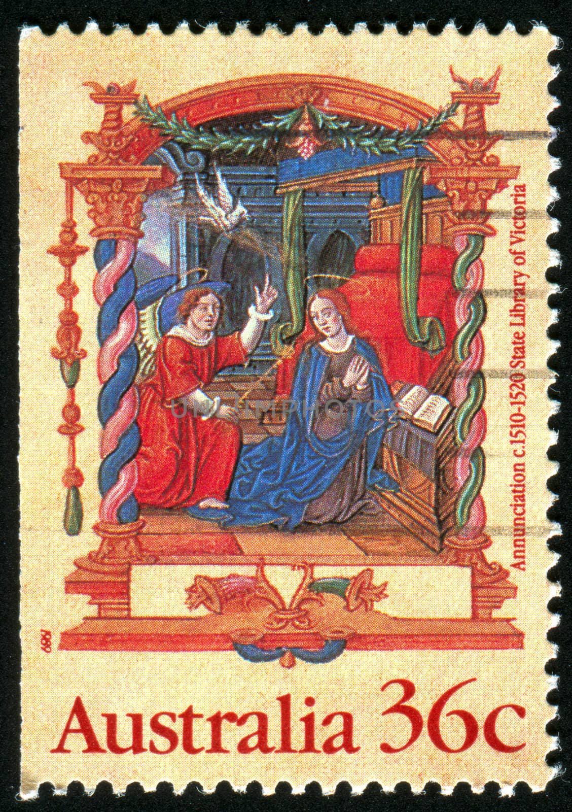 AUSTRALIA - CIRCA 1989: stamp printed by Australia, shows Annunciation, from the Nicholai Joseph Foucault Book of Hours, circa 1989