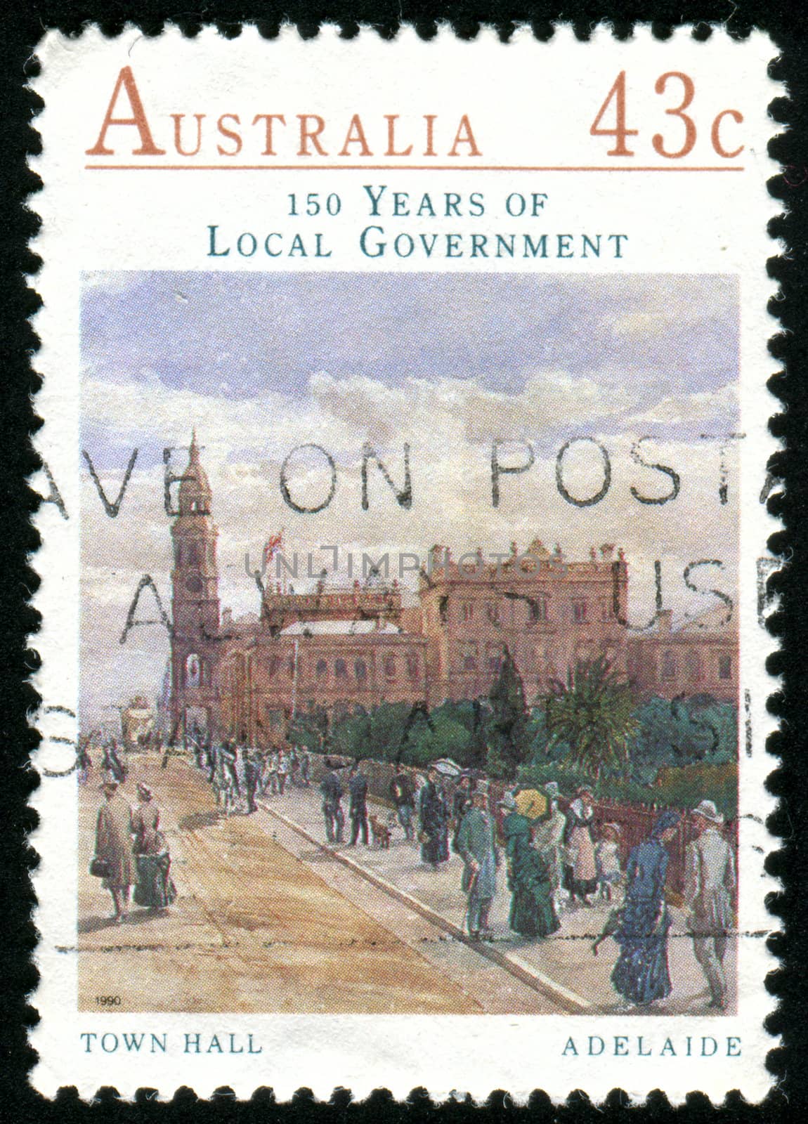AUSTRALIA - CIRCA 1990: stamp printed by Australia, shows Town Hall, Adelaide, circa 1990