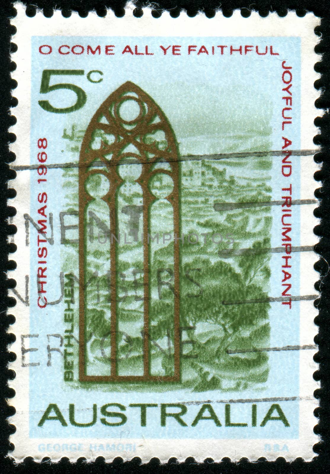 AUSTRALIA - CIRCA 1968: stamp printed by Australia, shows View of Bethlehem and Church Window, circa 1968